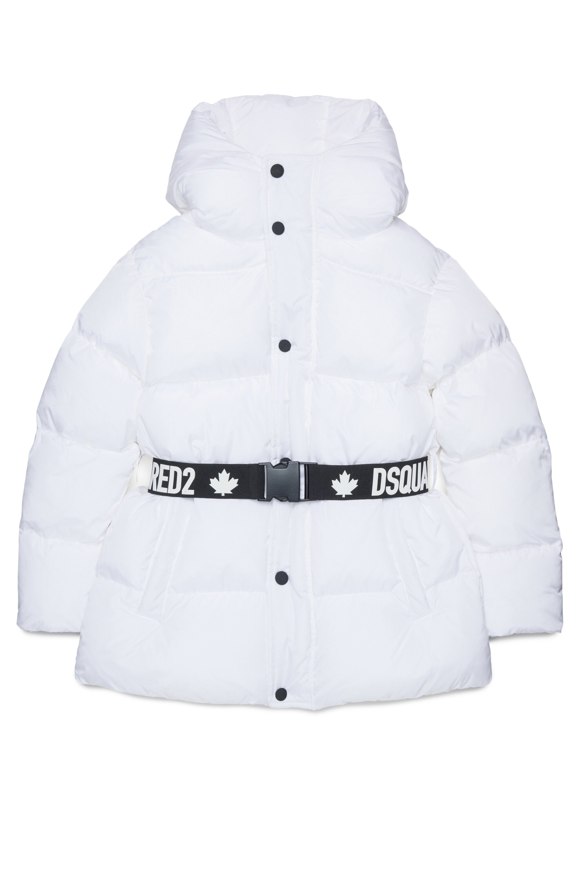 Long padded jacket with branded belt