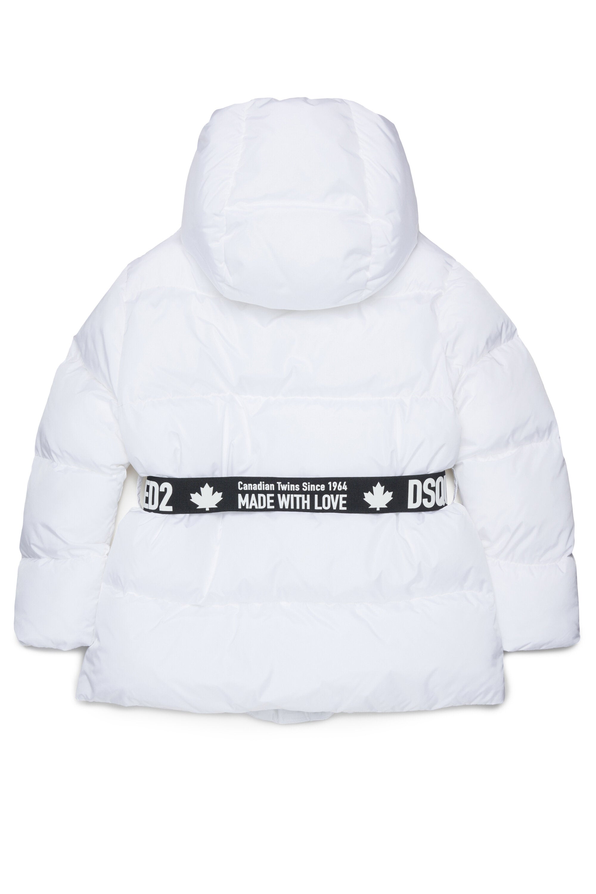 Long padded jacket with branded belt