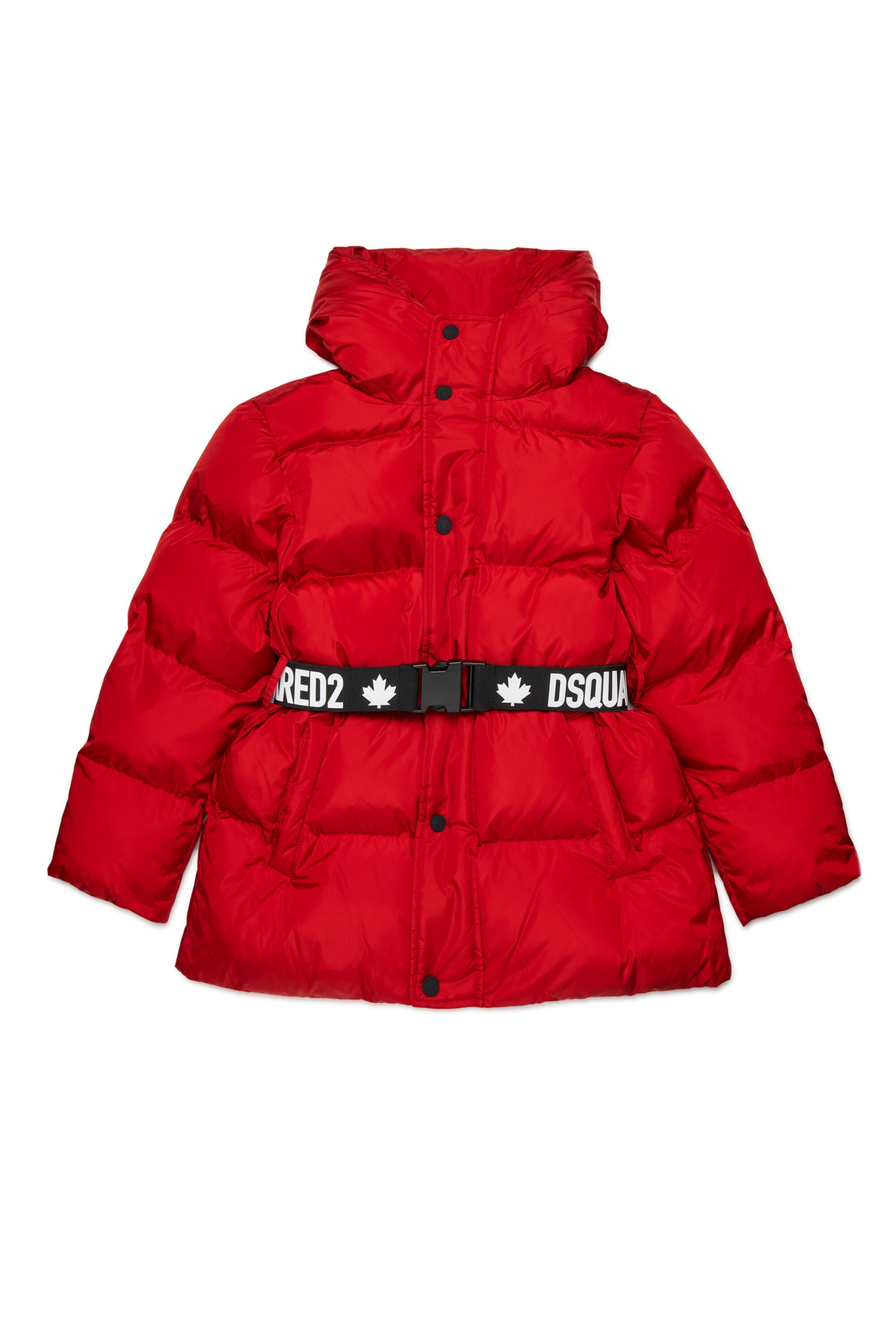 Long padded jacket with branded belt