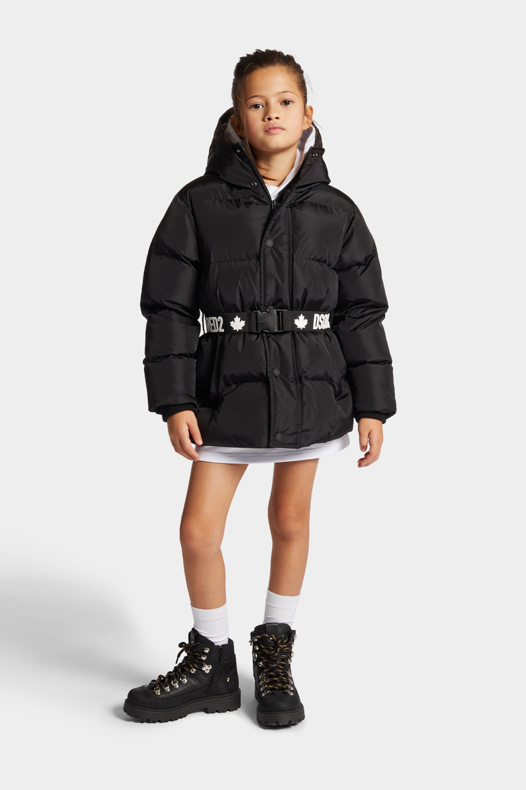 Long padded jacket with branded belt