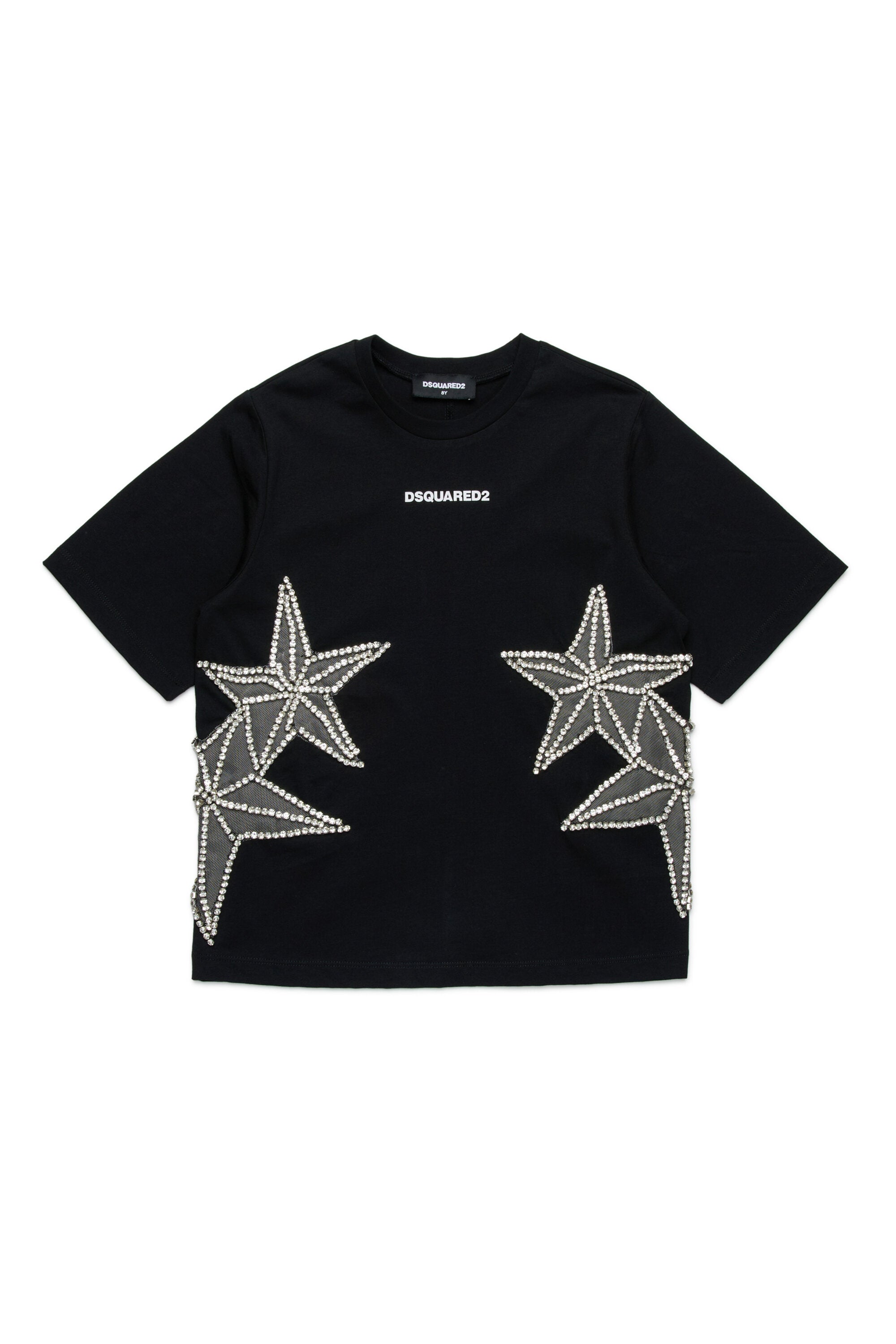 T-shirt con stelle in mesh e cristalli