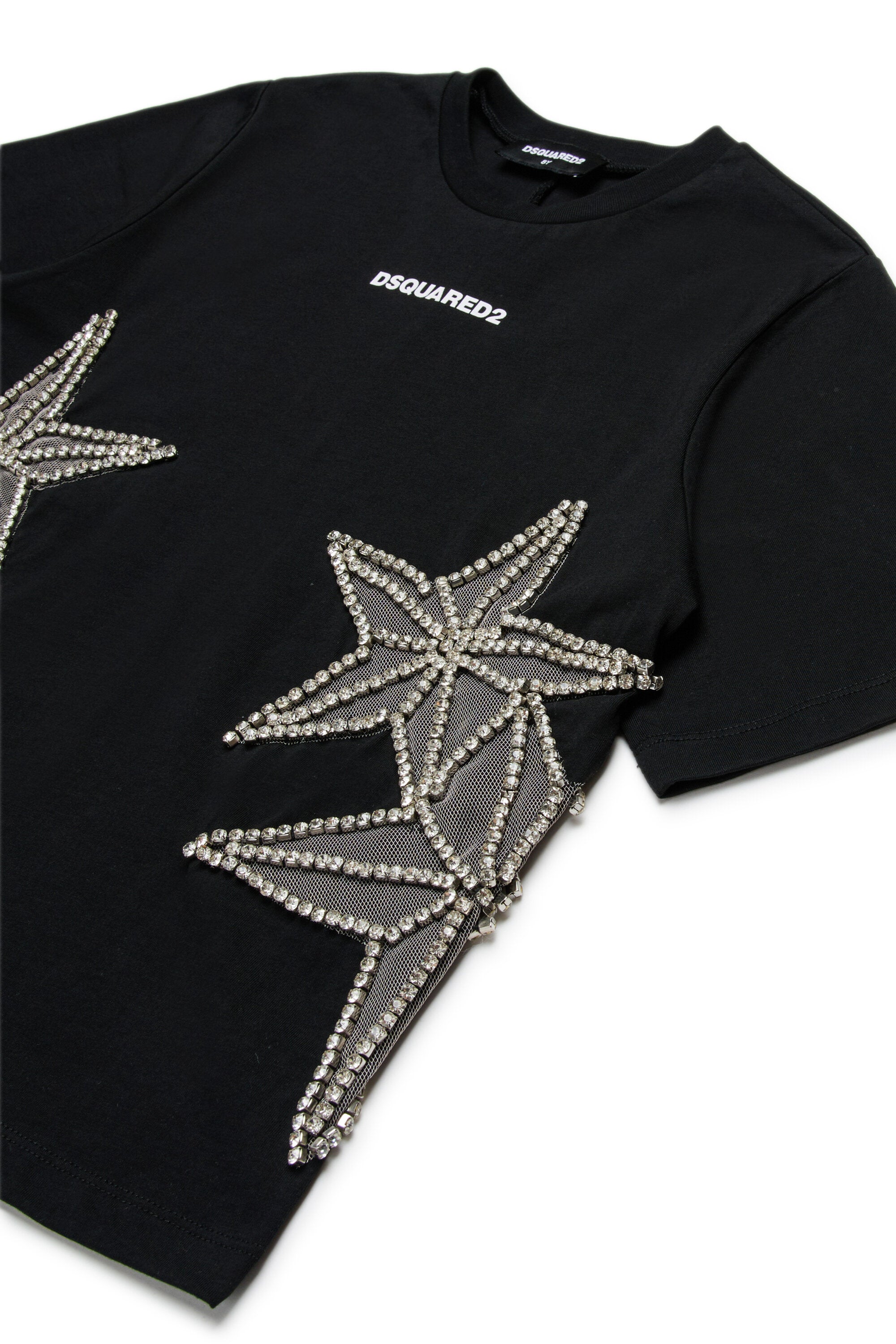 T-shirt con stelle in mesh e cristalli