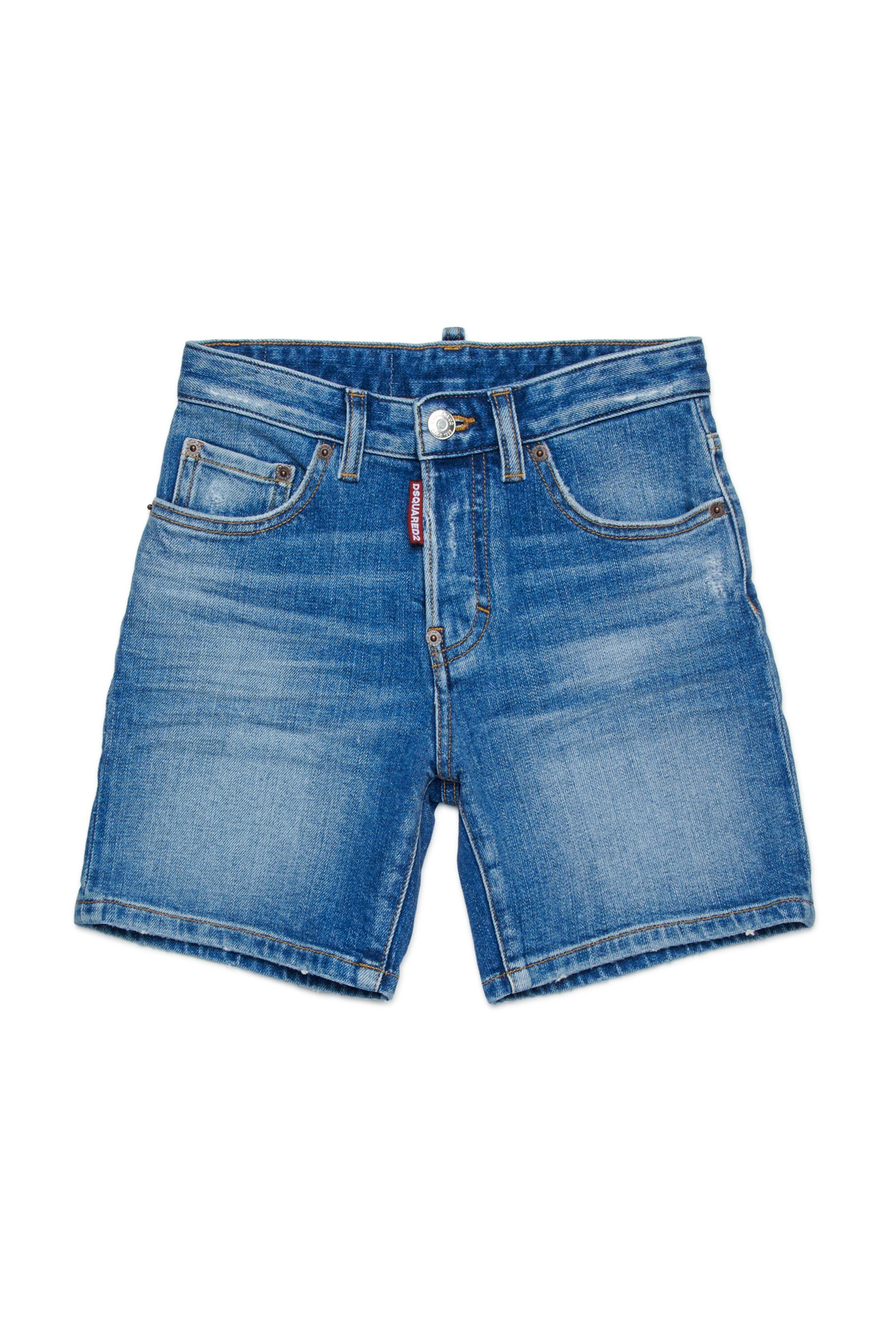 Shorts in denim blu medio con abrasioni