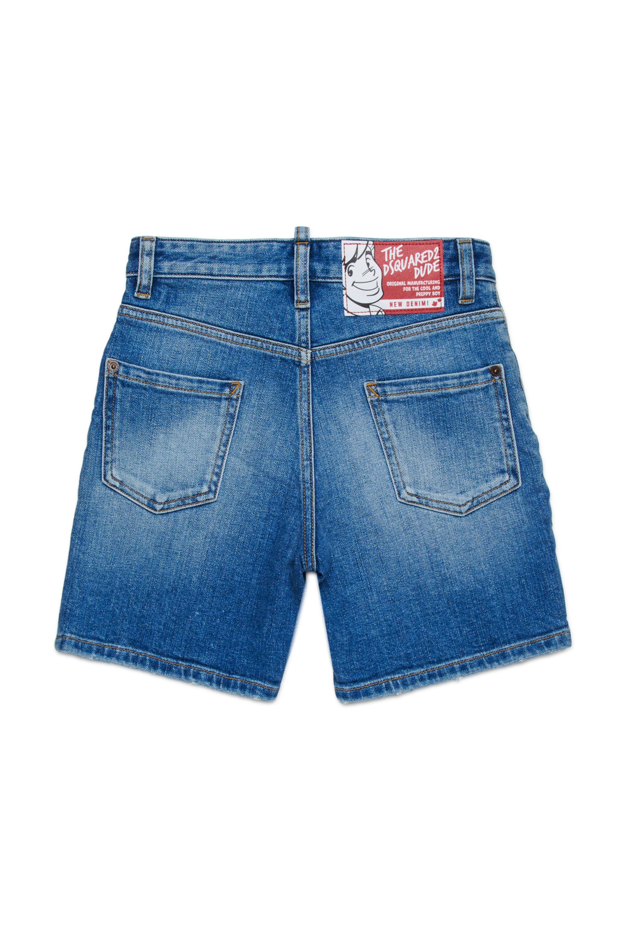 Shorts in denim blu medio con abrasioni