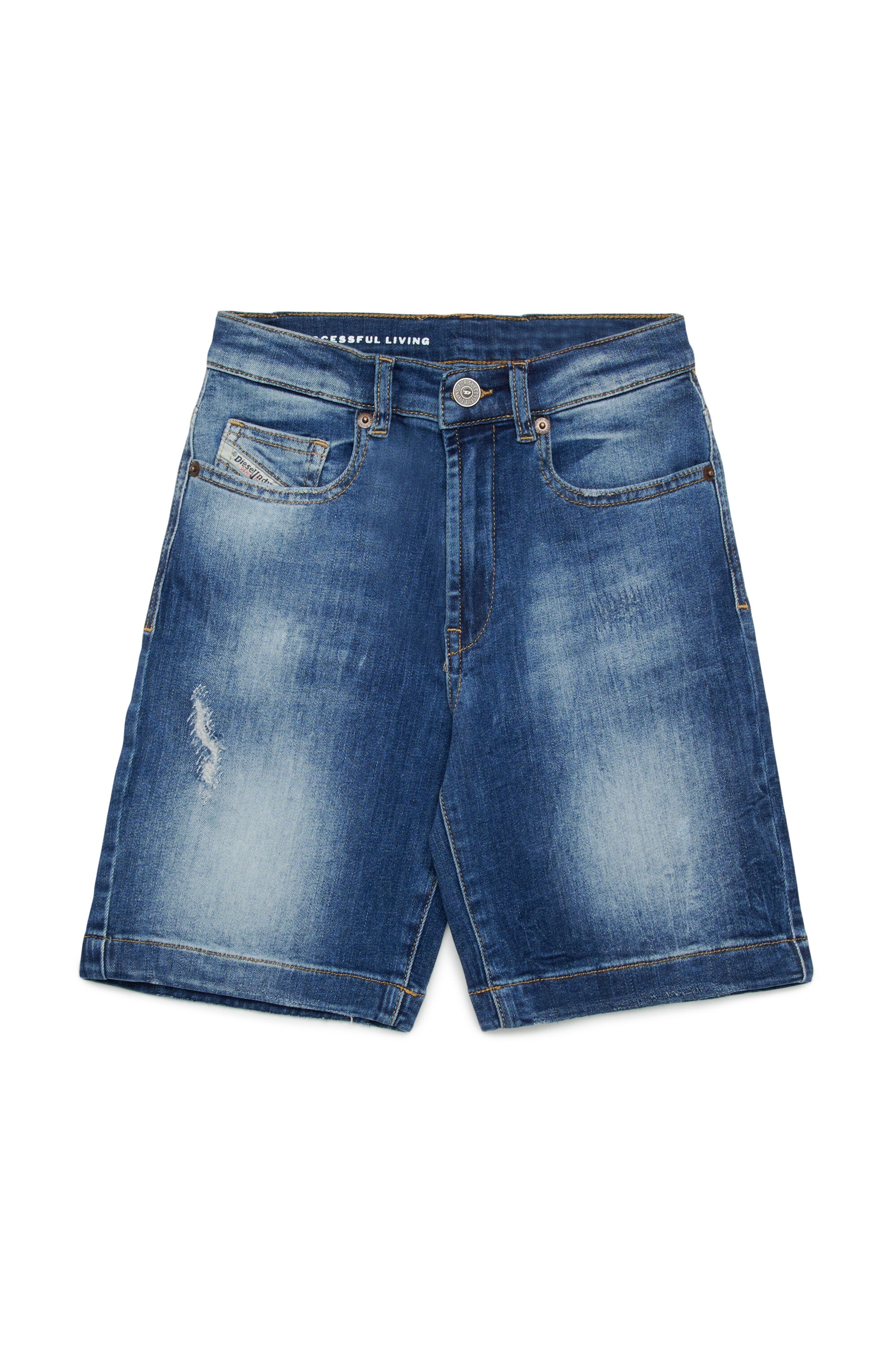 Shorts in denim blu medio con strappi