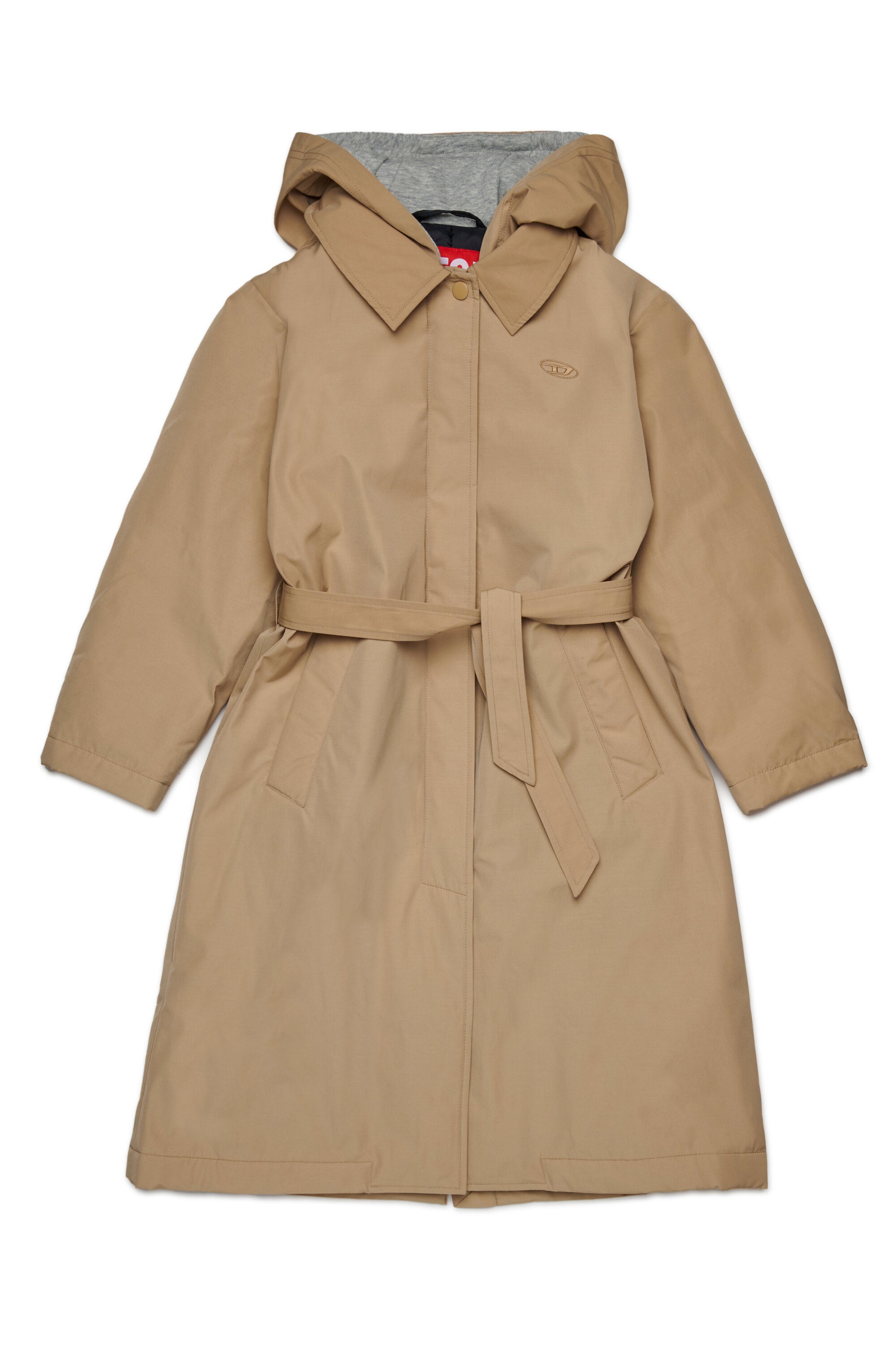 Langer Trenchcoat mit Kapuzenfleecebesatz