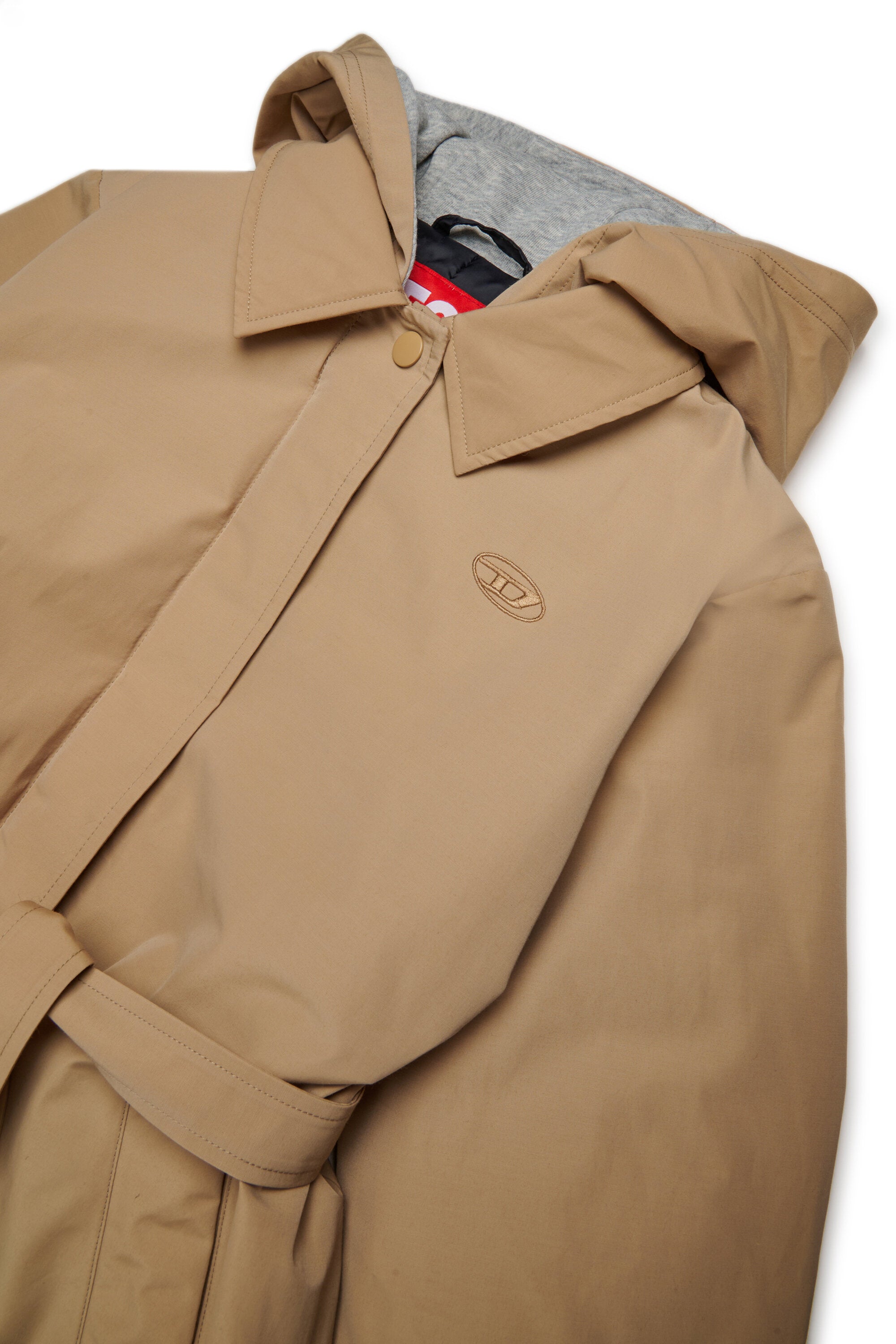 Langer Trenchcoat mit Kapuzenfleecebesatz