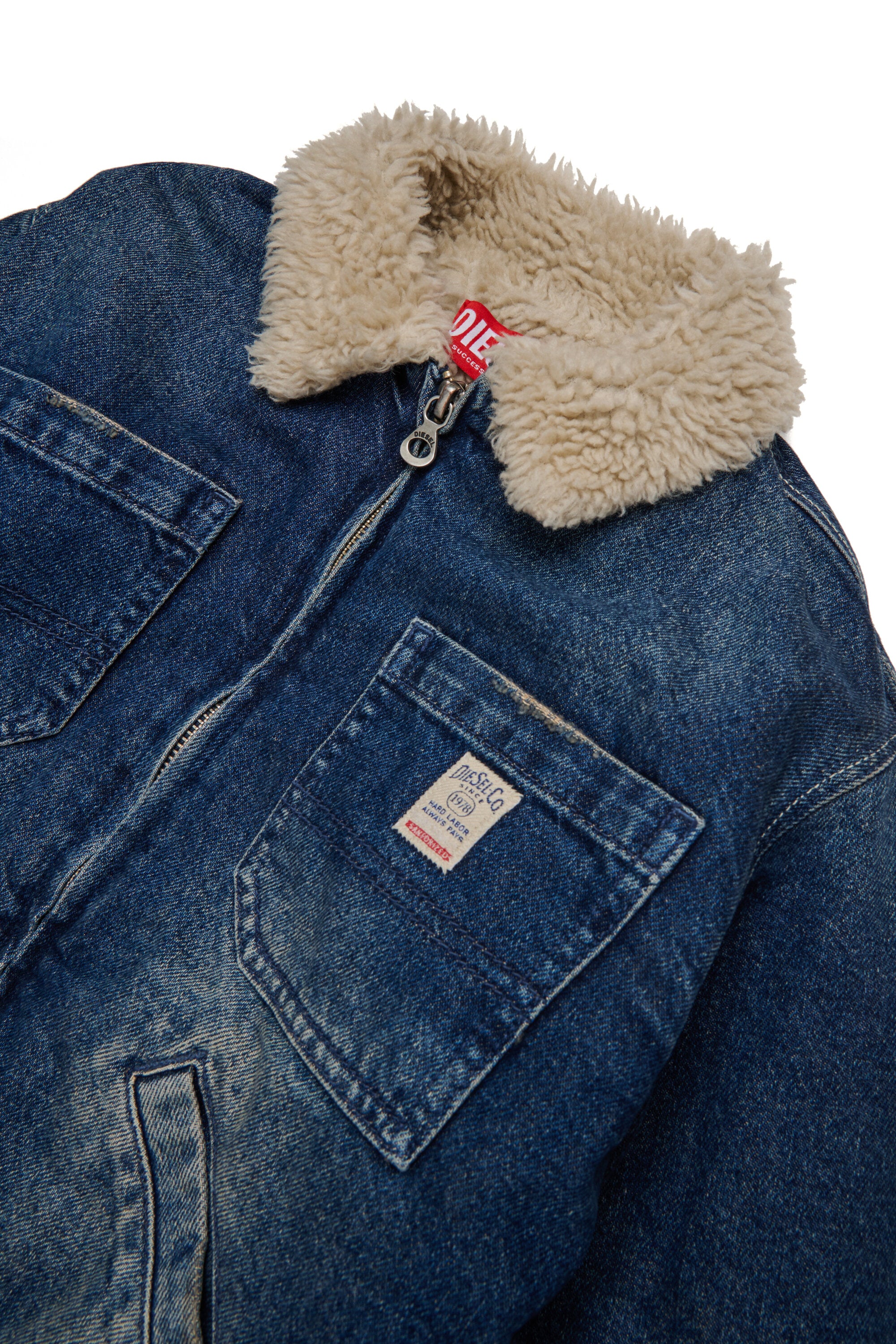 Dirty effect denim trucker jacket with teddy collar
