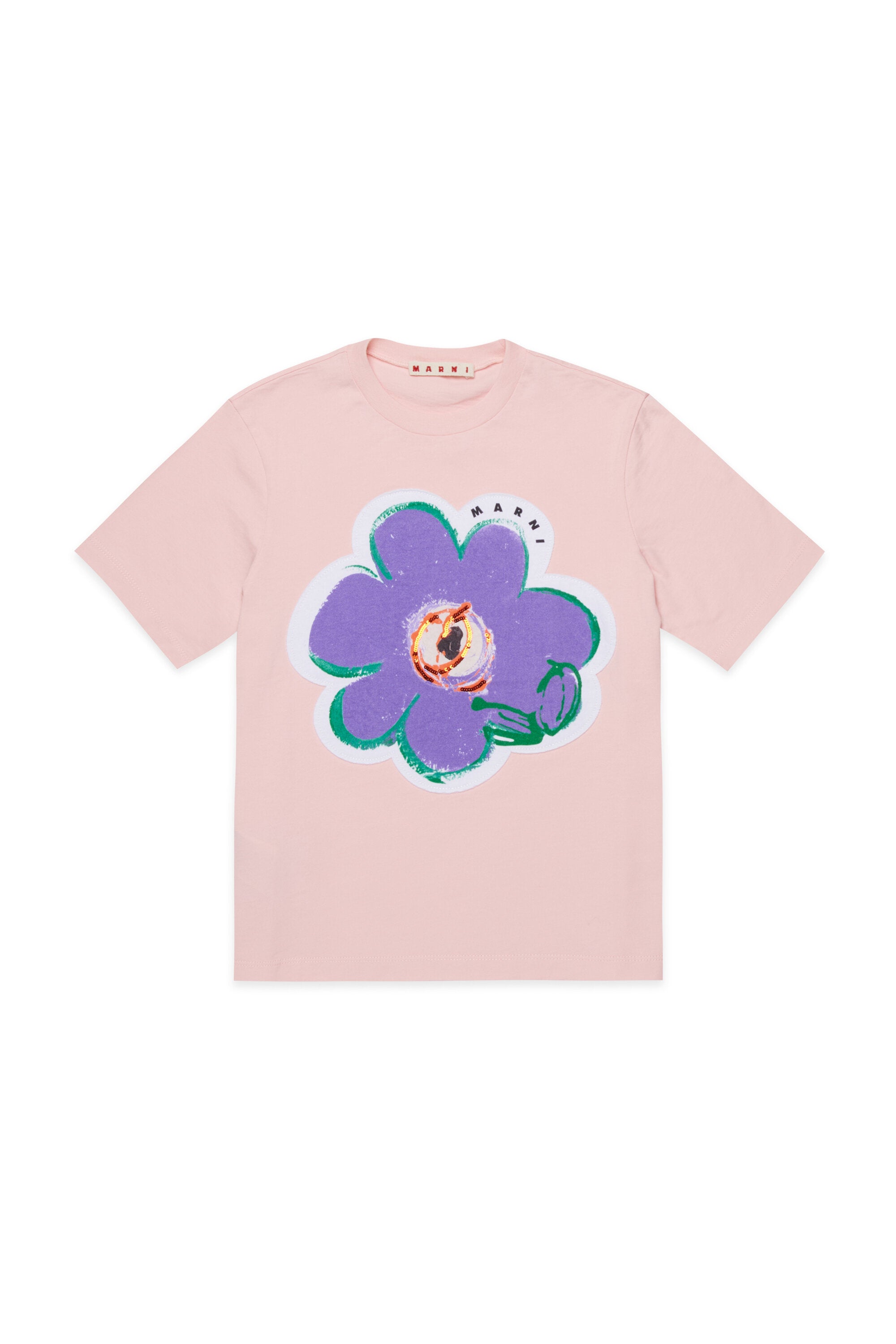 T-shirt con fiore applicato e logo
