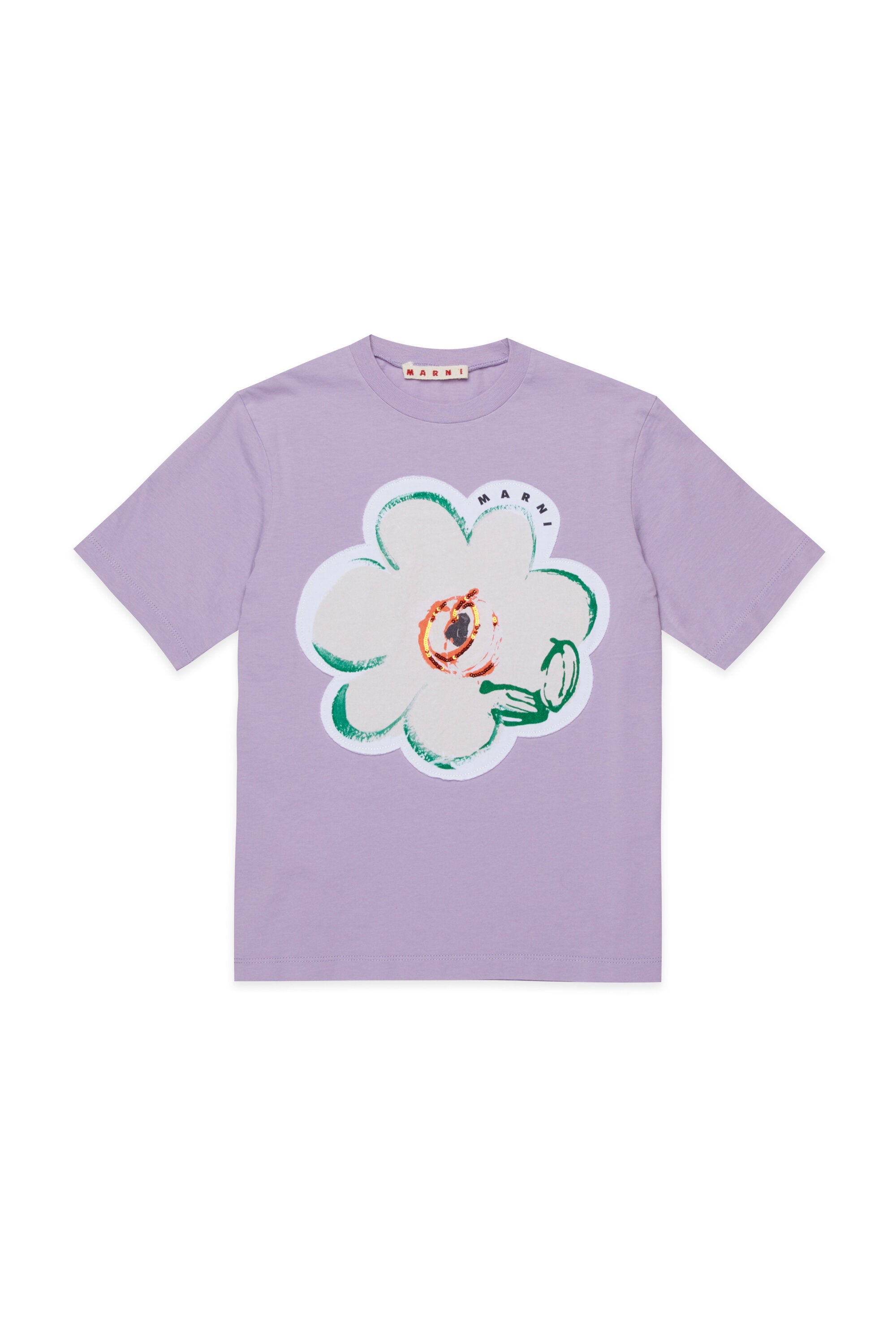 T-Shirt mit aufgesetzter Blume und Logo