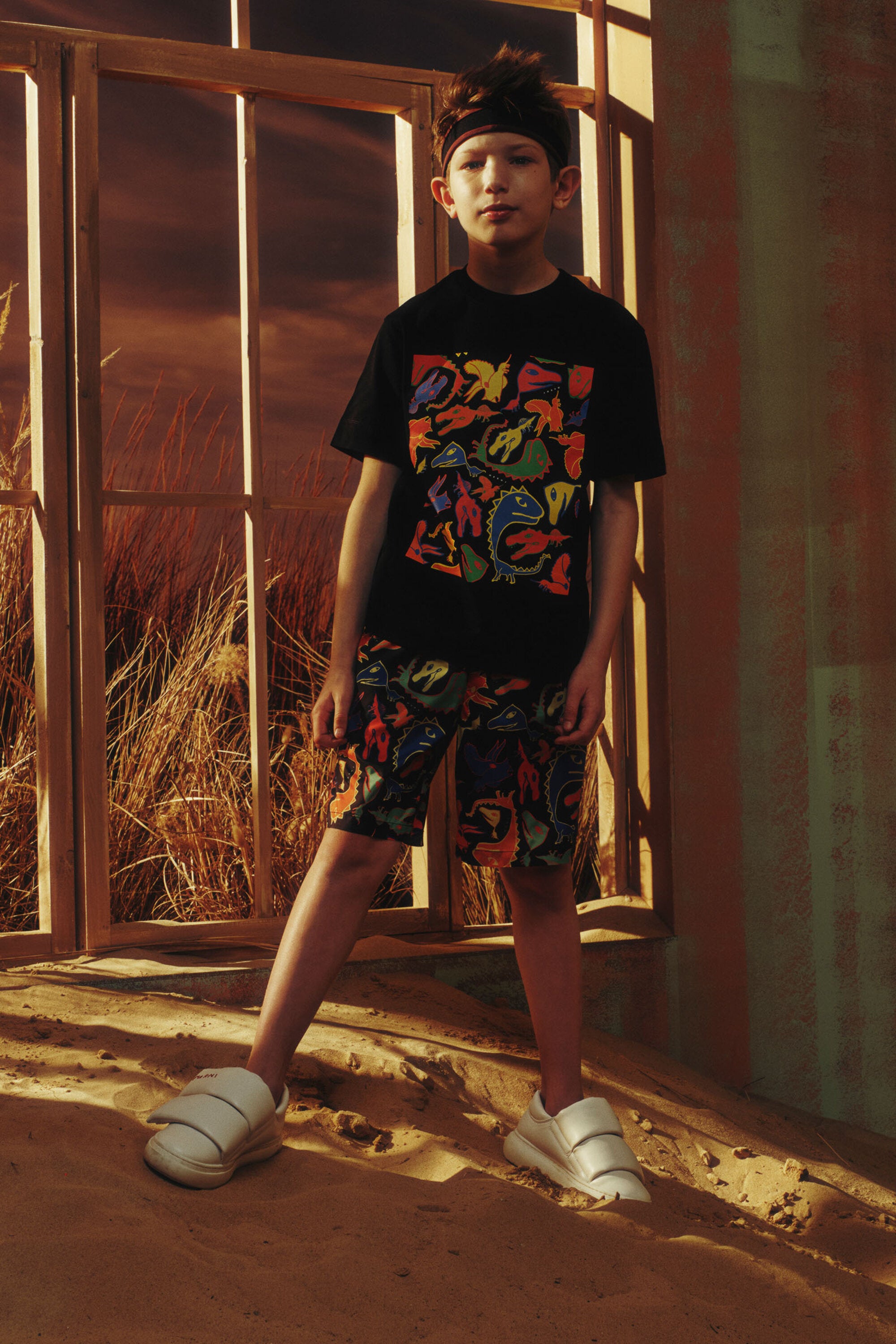 T-shirt à imprimé dinosaures multicolores