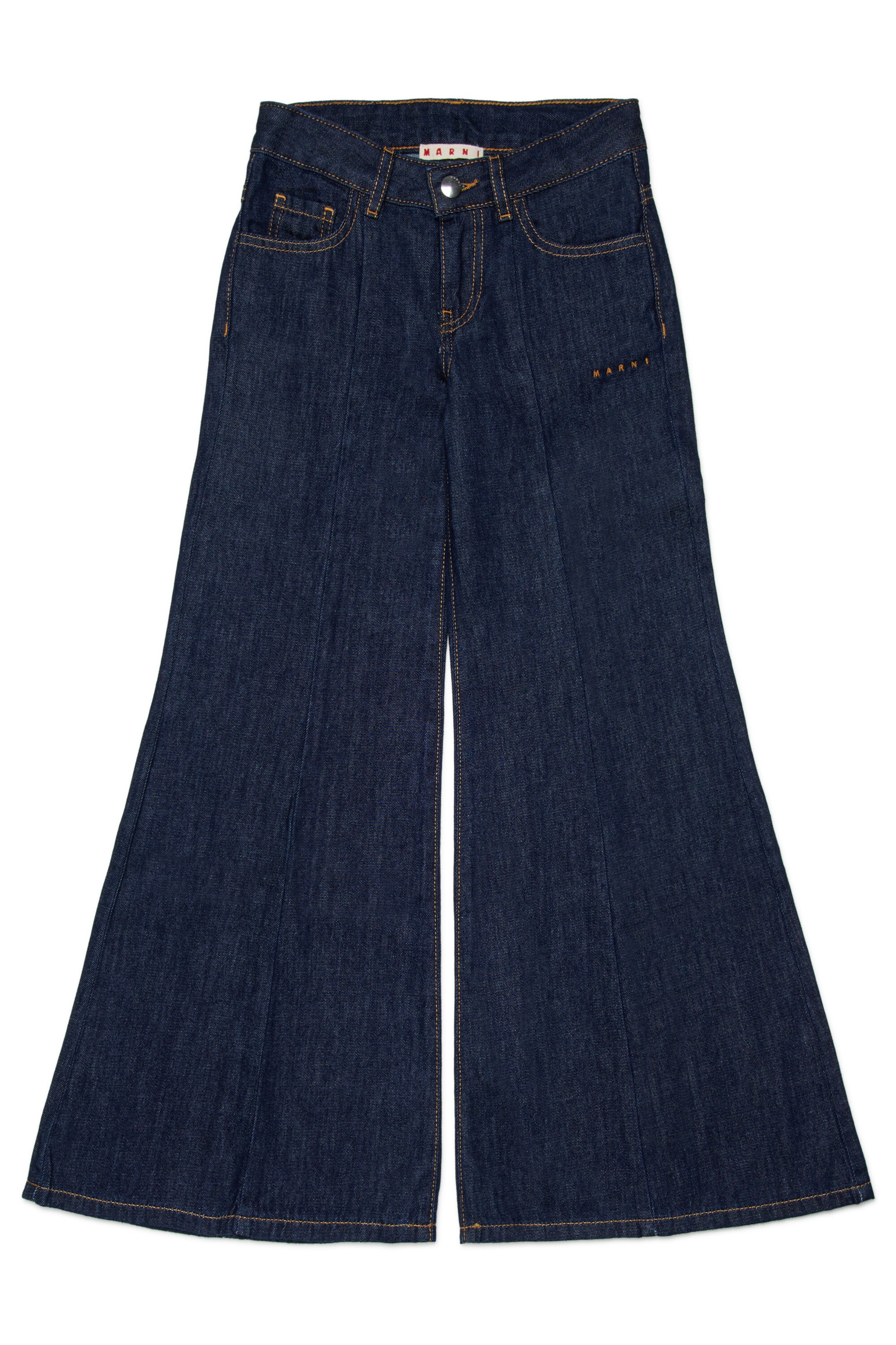Dunkelblaue Schlagjeans mit Logo