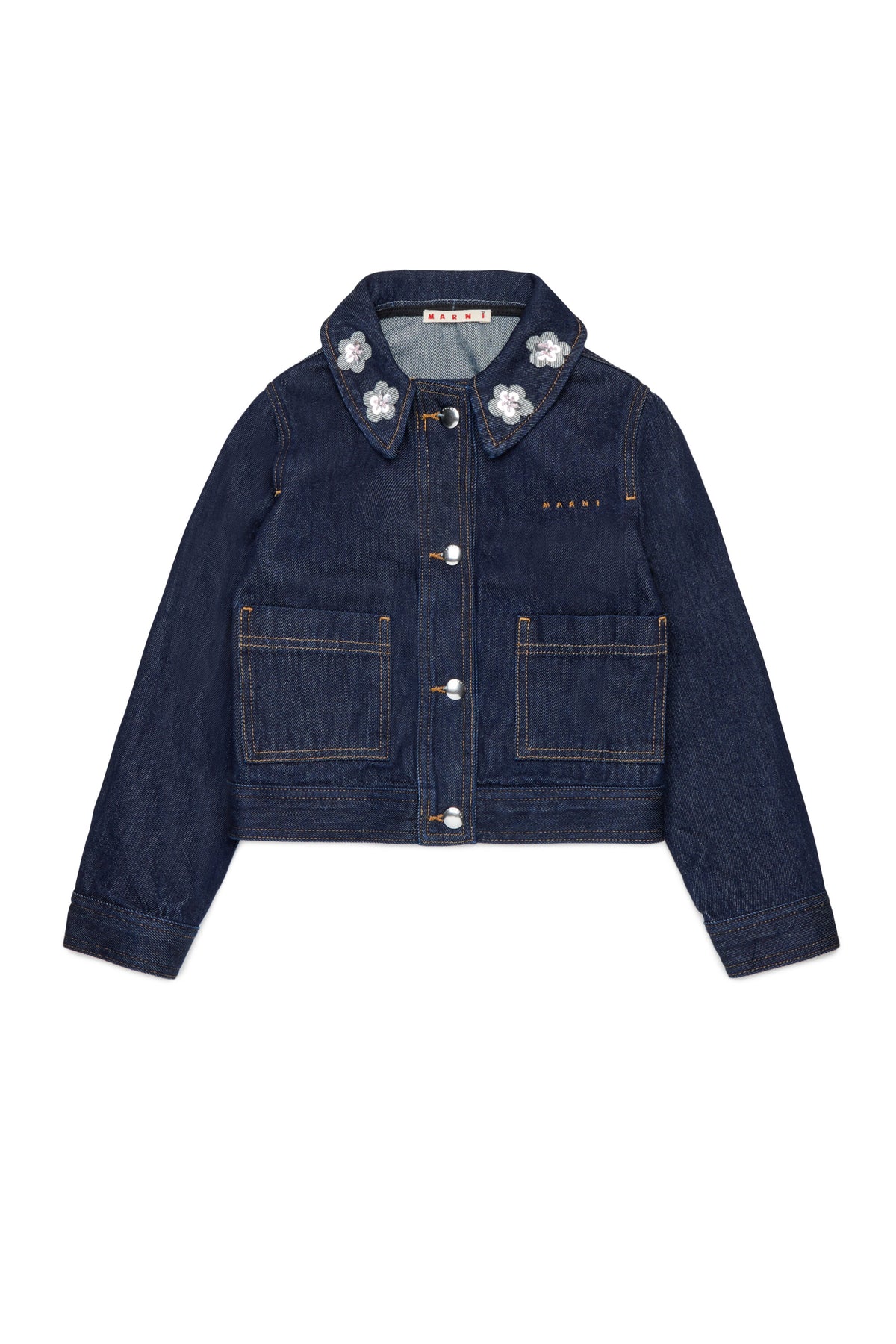 Denimjacke mit Blumen am Kragen
