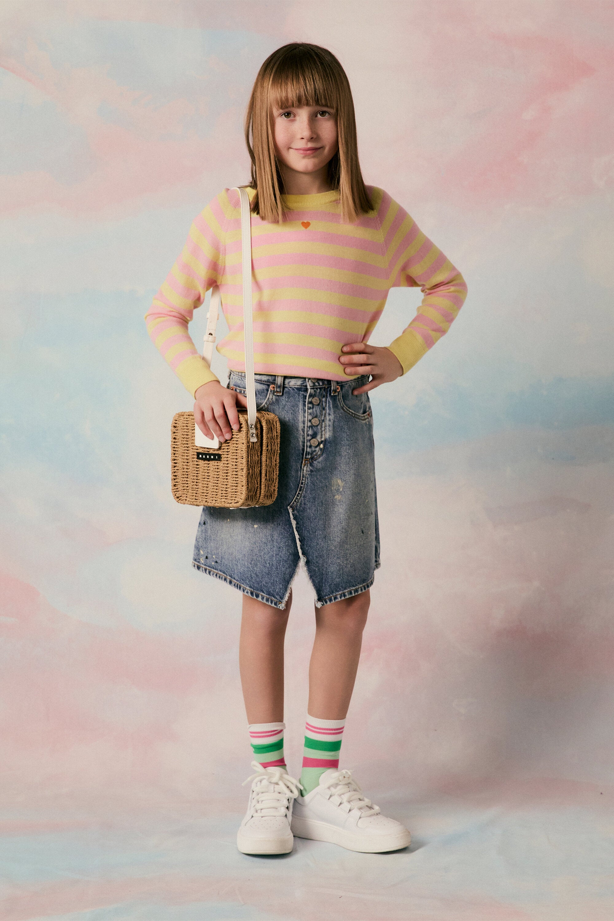 Gonna in denim blu sfumato con color spots