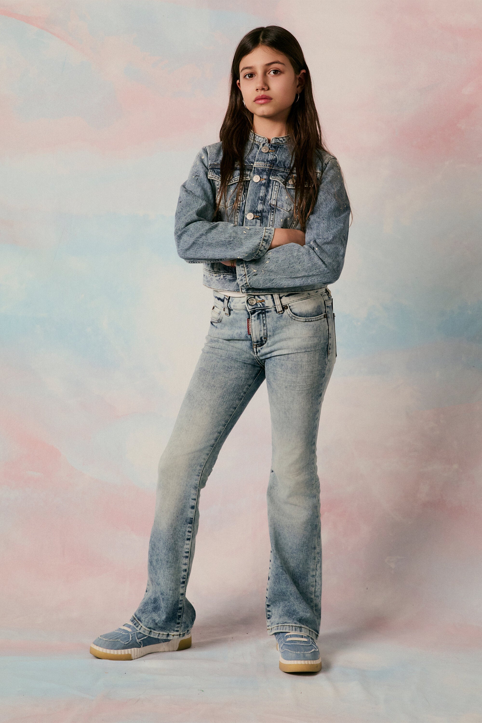 Giacca in denim blu sfumato con color spots