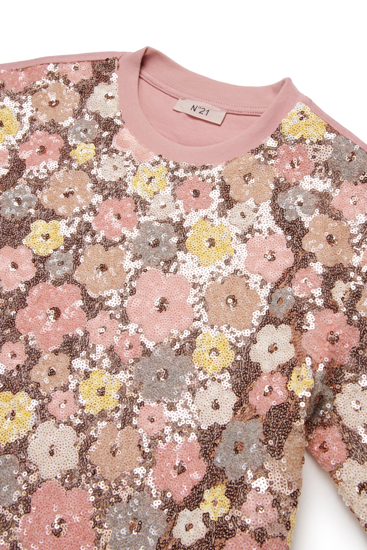 T-shirt girocollo con paillettes floreali