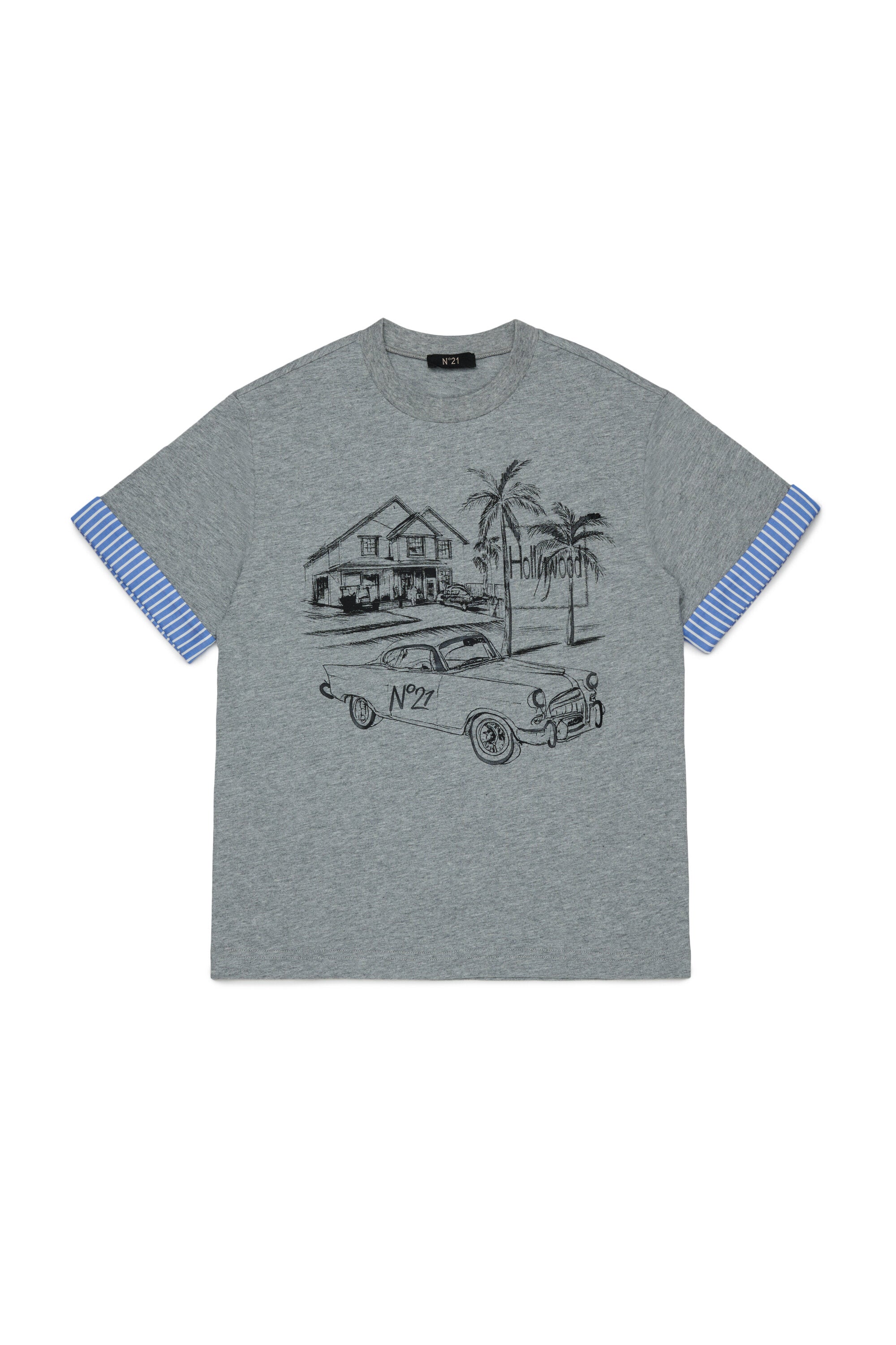 T-Shirt mit Print und gestreiften Ärmeln