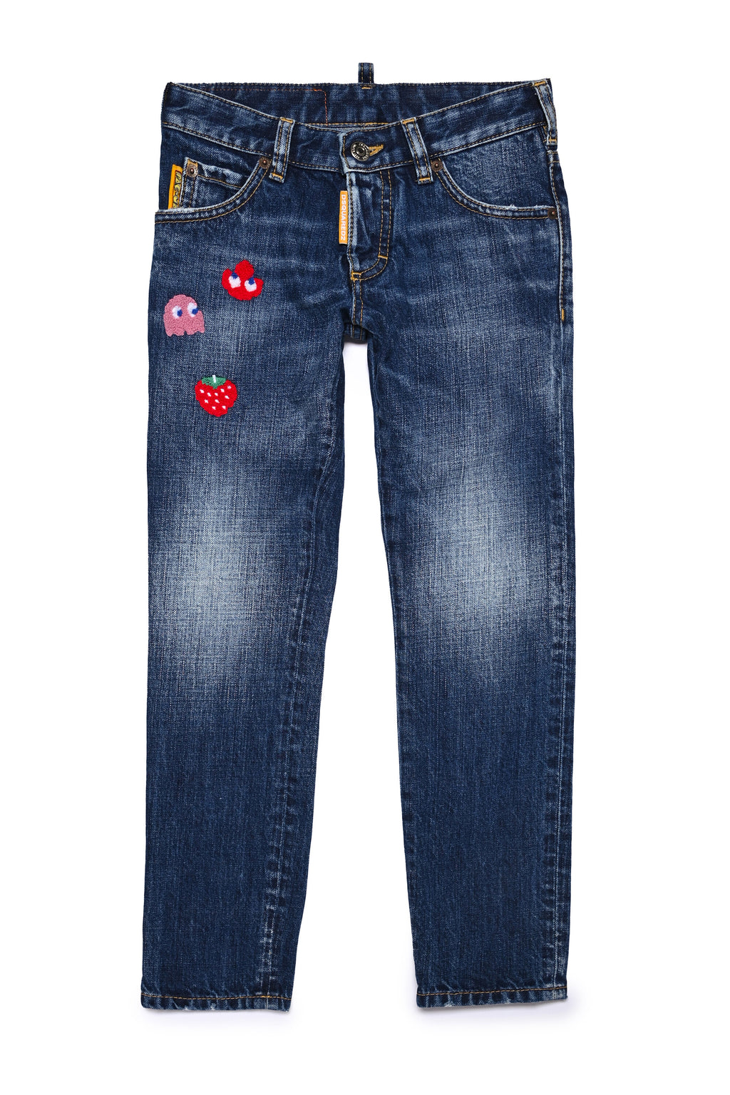 Jeans Clement straight blu medio sfumato con patch Pac-Man