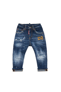 Medium blue shaded jeans with breaks and patches