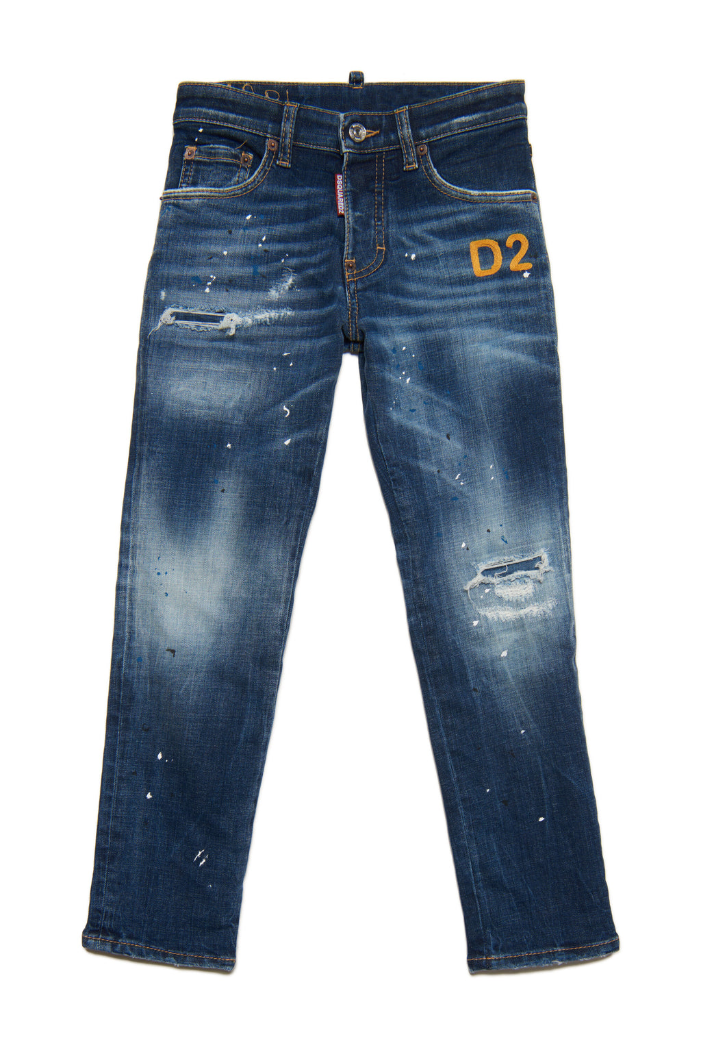 Jeans Stanislav straight blu medio sfumato con rotture e patch