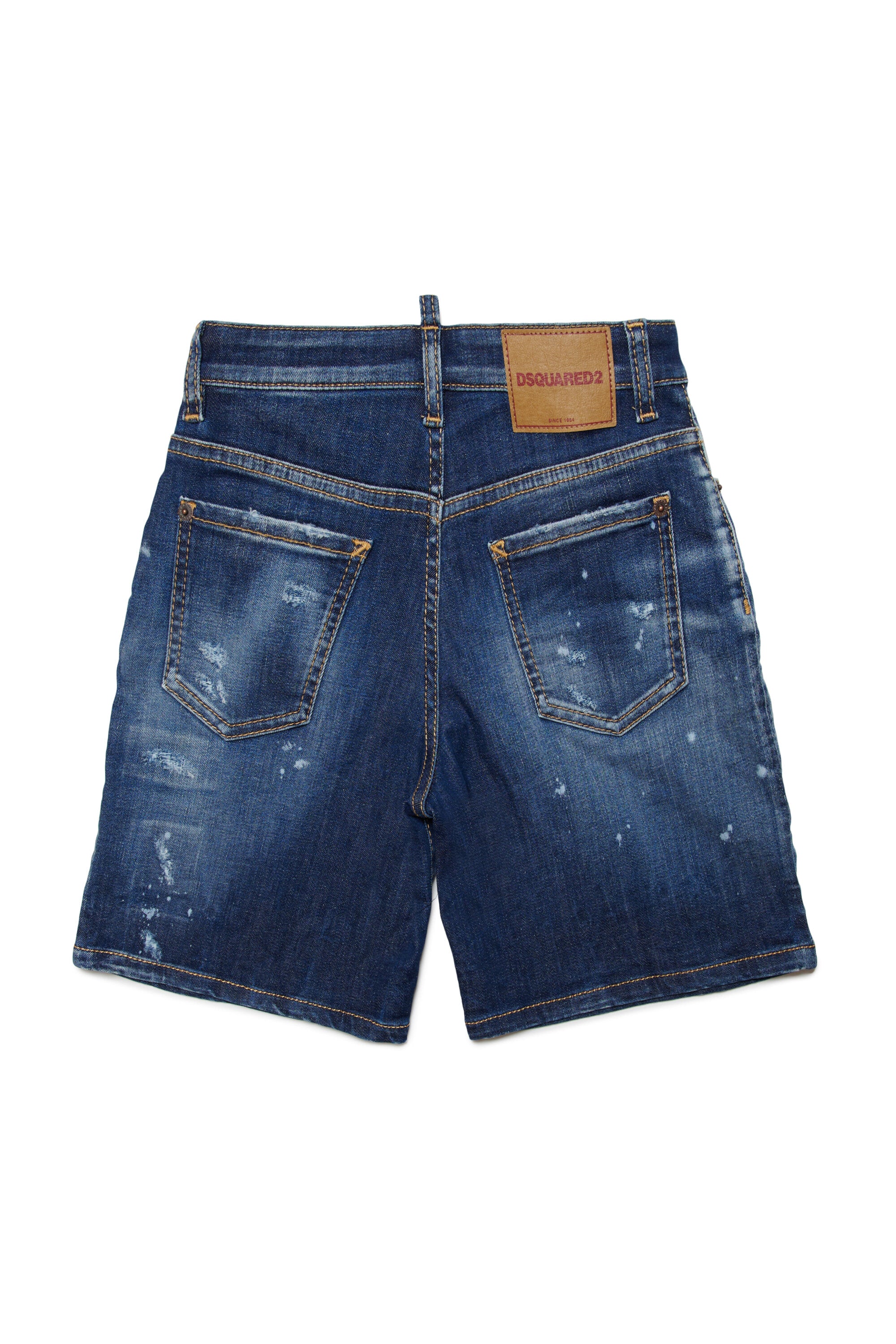 Dark denim shorts with stains and tears