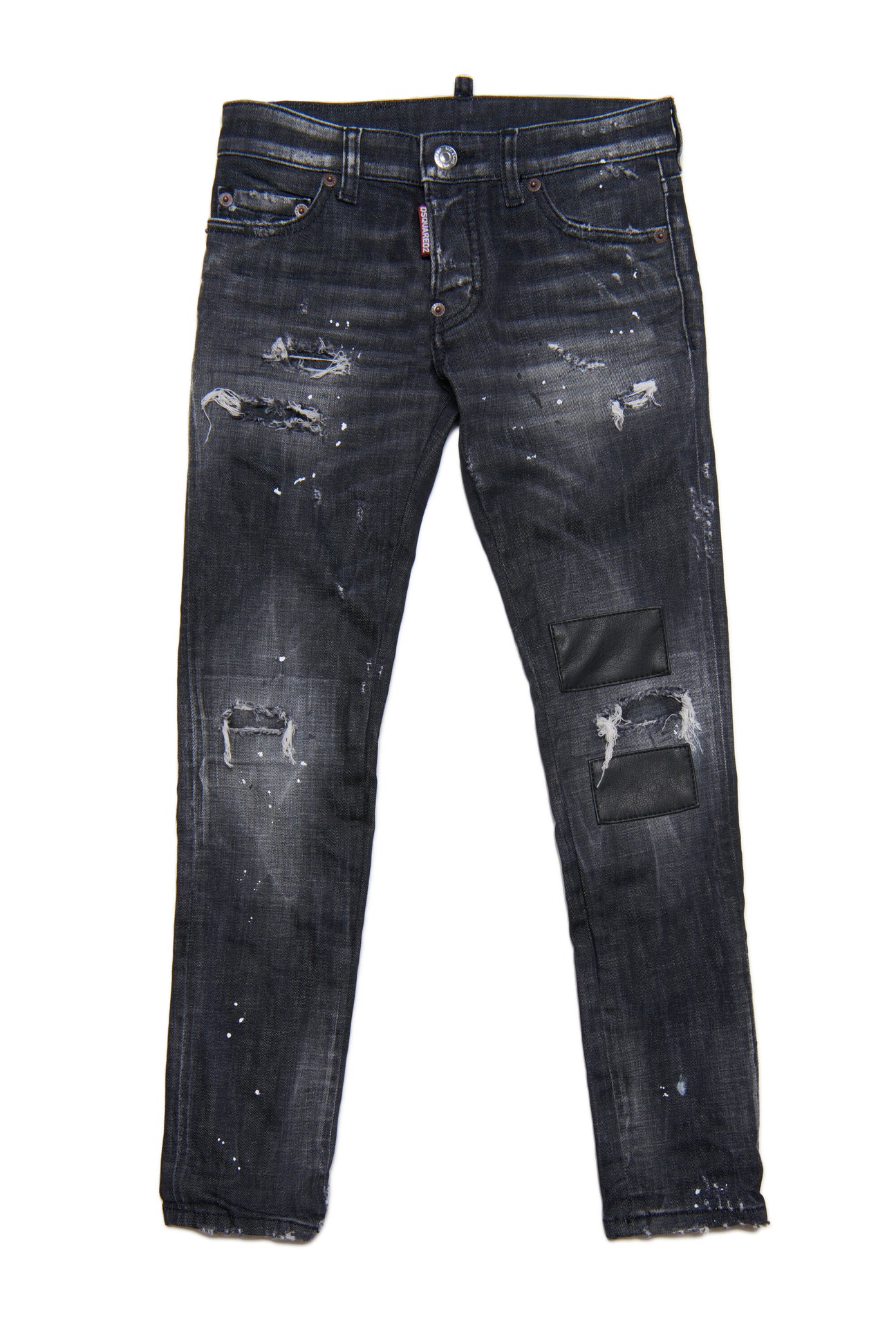 Jeans Slim straight nero sfumato con patch in pelle e macchie 