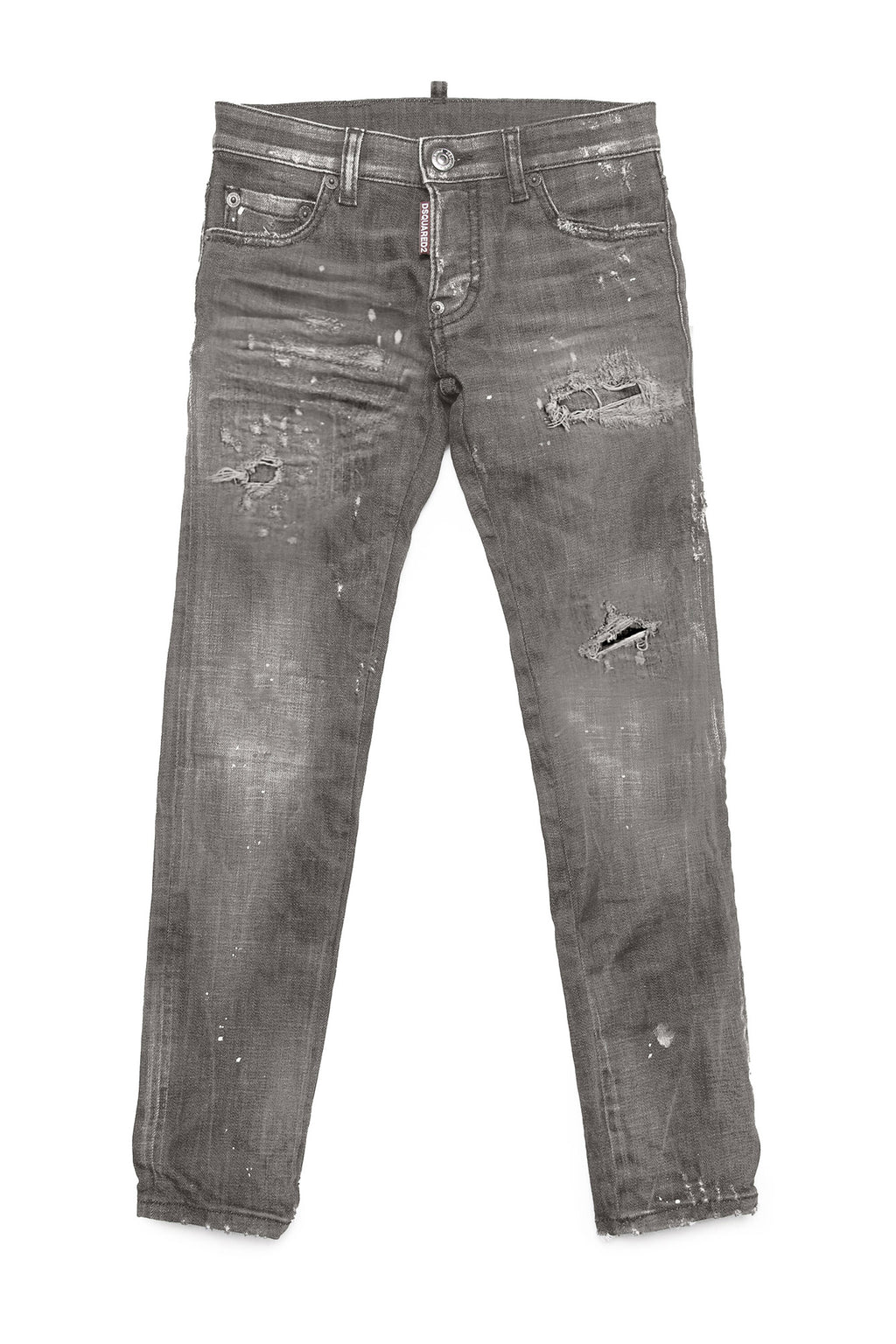 Slim straight gray jeans shaded with abrasions and stains