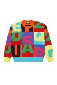 Colorblock wool crew-neck sweater with lettering