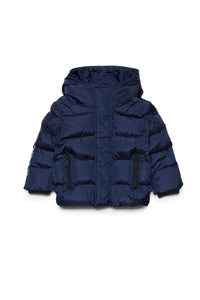 Glossy hooded padded jacket with logo outline