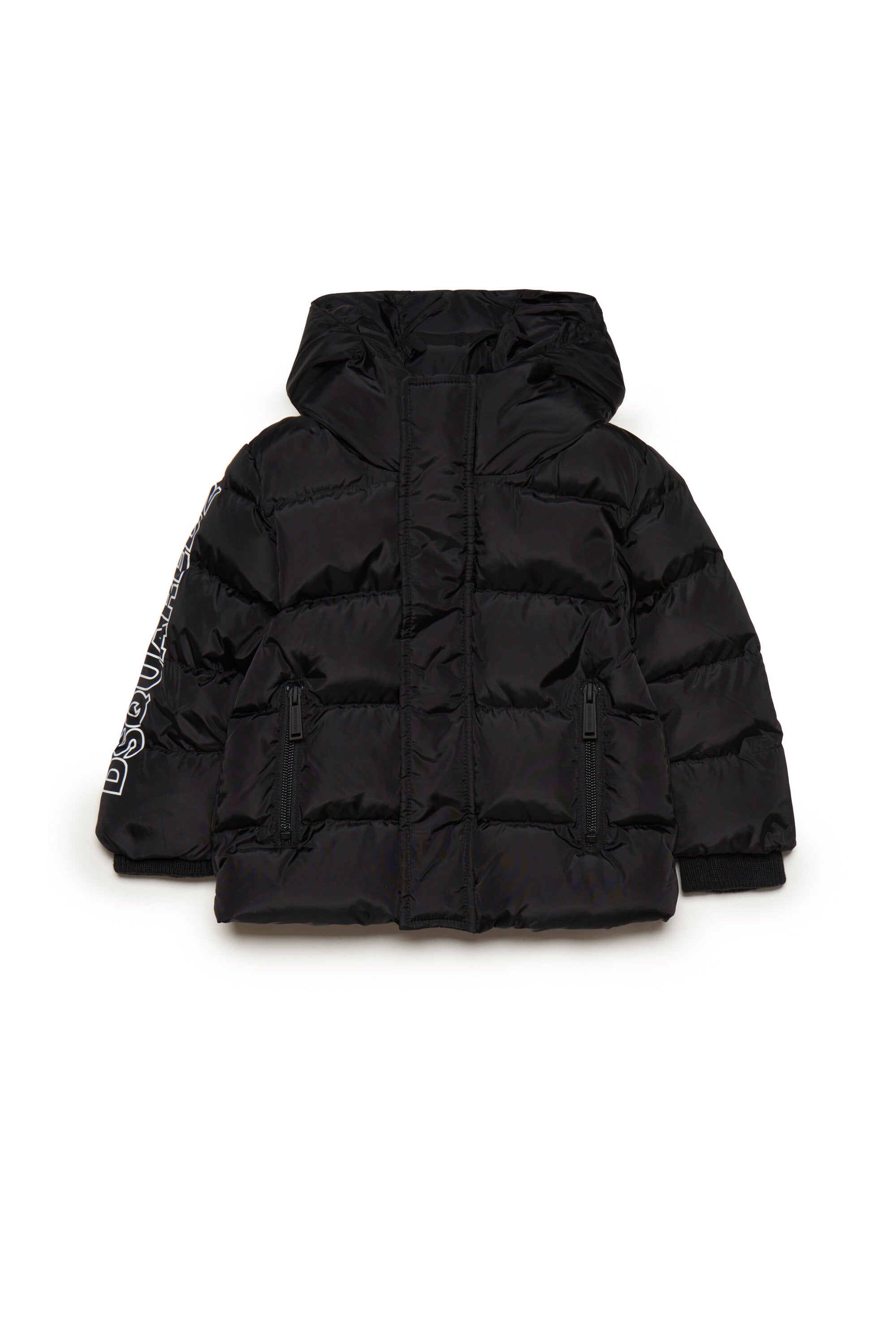 Glossy hooded padded jacket with logo outline