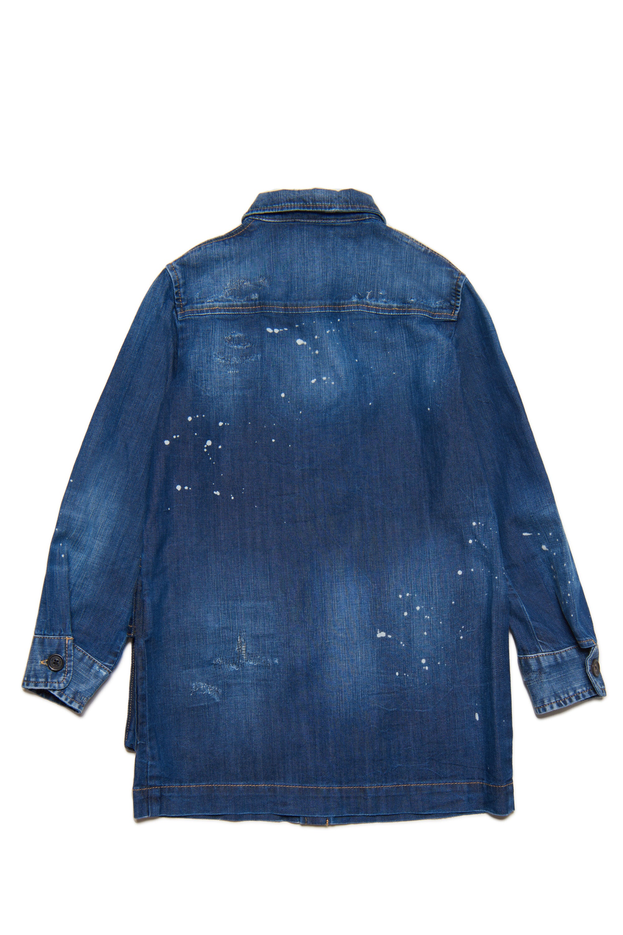 Shaded dark blue denim chemisier dress with abrasion and stains