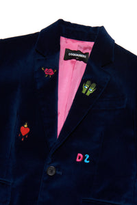 Formal velvet blazer model jacket with colorful mini patches