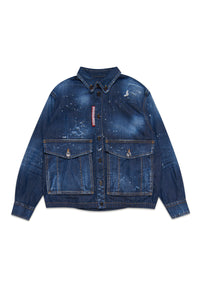 Shaded blue denim shirt with abrasions and stains