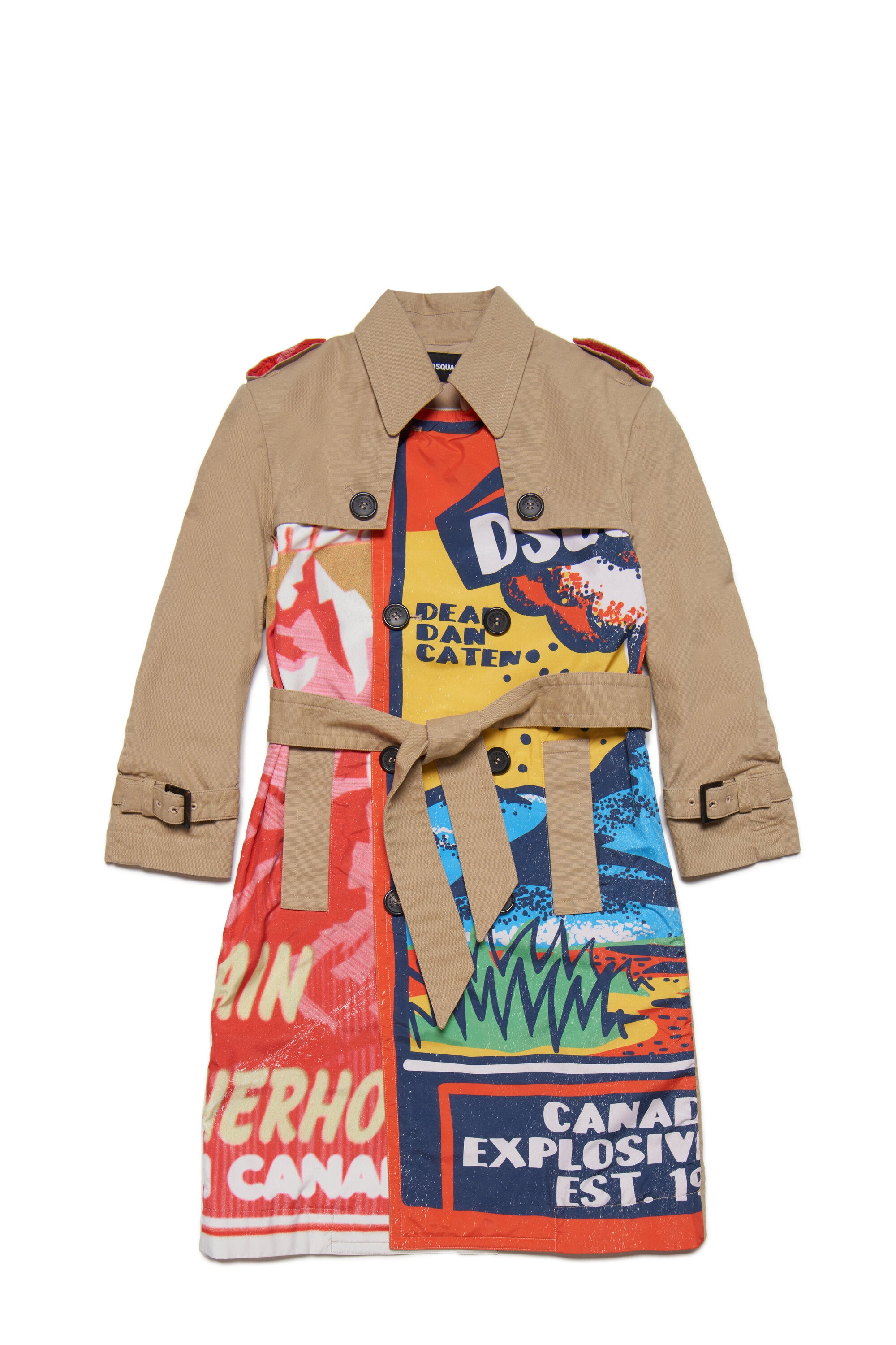 Canvas trench coat with mixed graphics