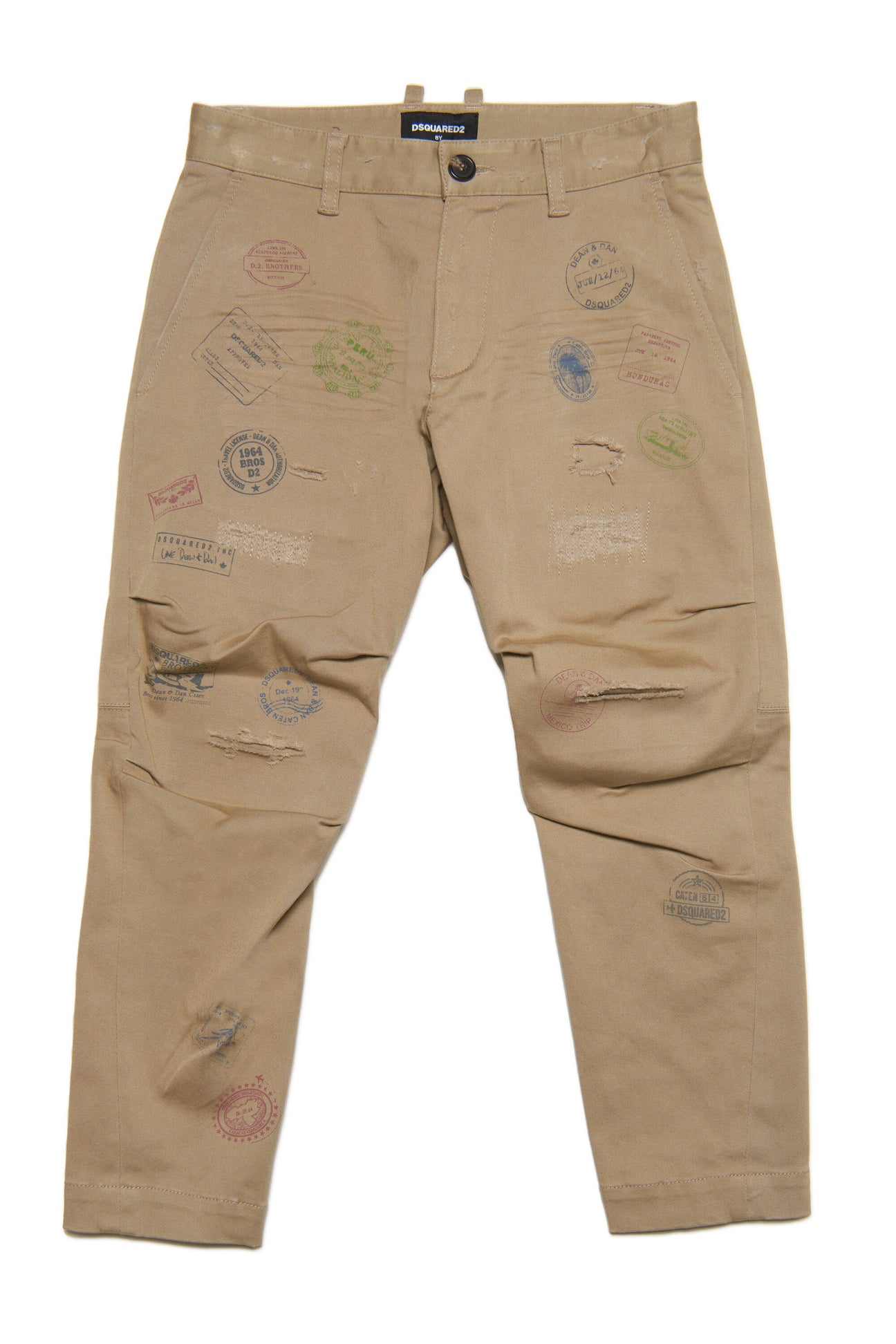 Pantaloni chino in gabardina con rotture e timbri 