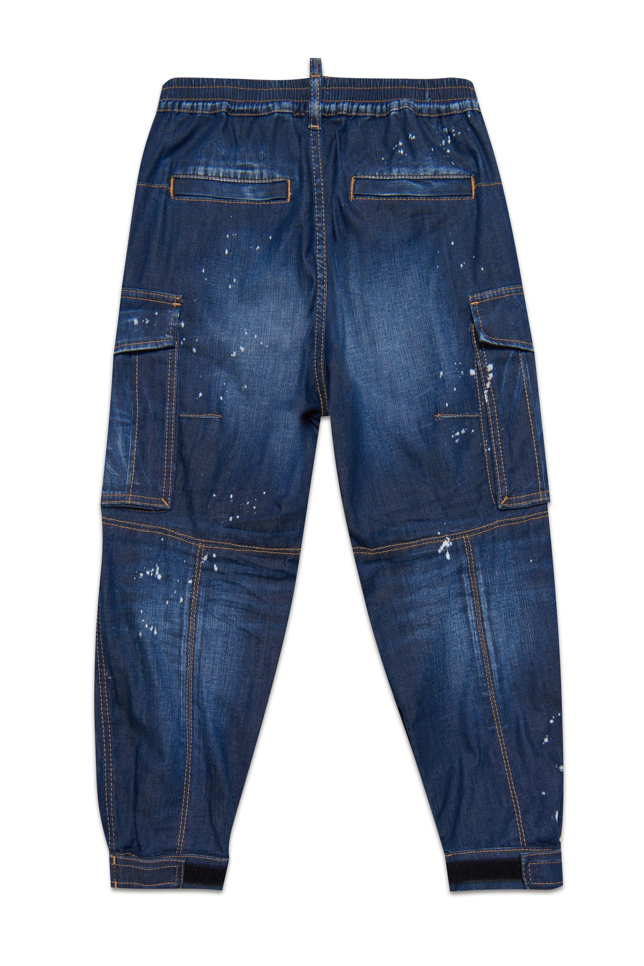 Shaded blue denim cargo pants with color spots Shaded blue denim cargo pants with color spots