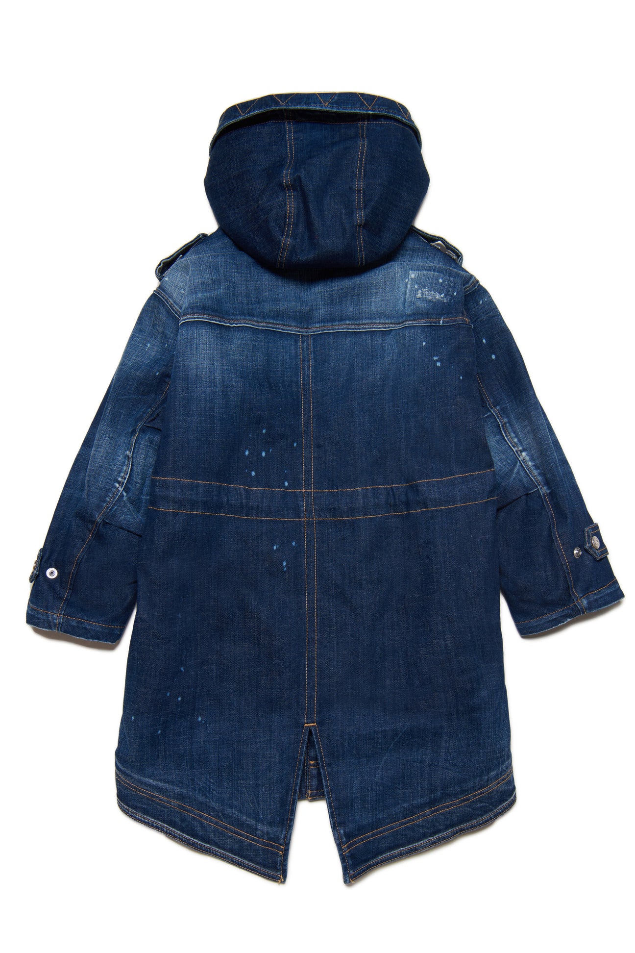 Shaded blue denim parka jacket with abrasions and stains Shaded blue denim parka jacket with abrasions and stains
