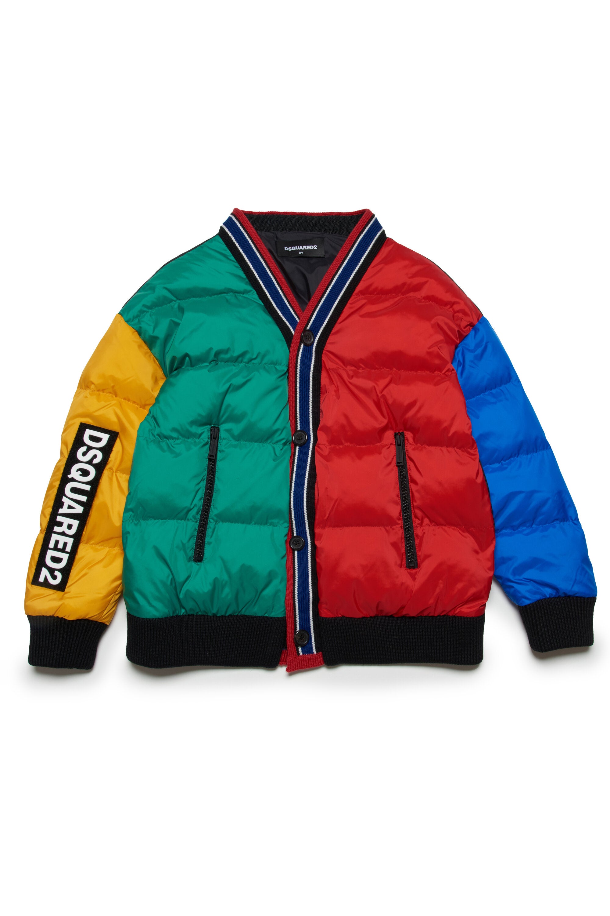 Multicolored cardigan-type padded jacket with logo
