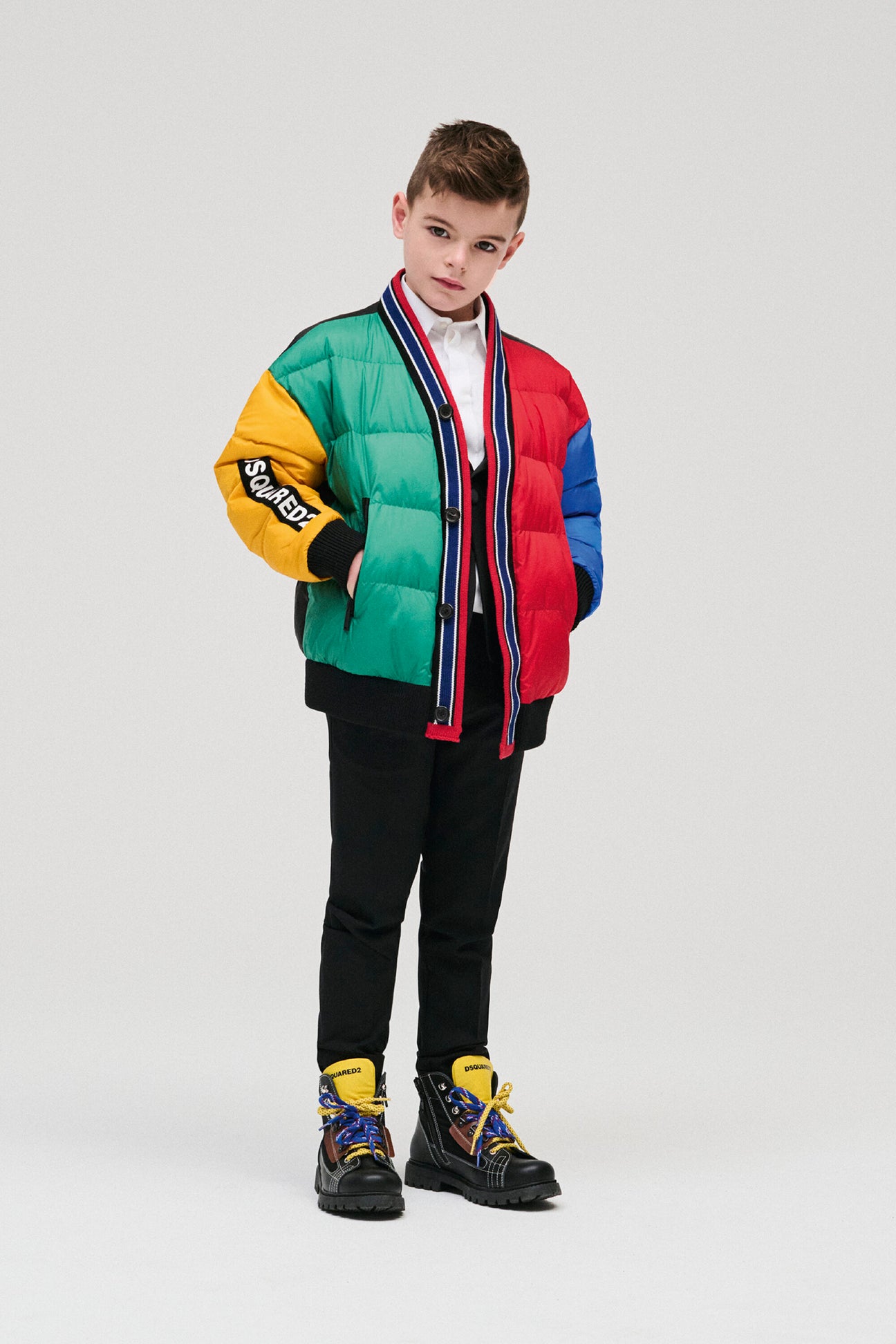Multicolored cardigan-type padded jacket with logo 