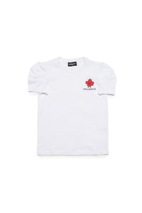Crew-neck jersey T-shirt with puffed sleeves and tiny leaf