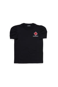 Crew-neck jersey T-shirt with puffed sleeves and tiny leaf