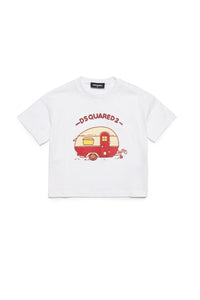 Cropped crew-neck jersey T-shirt with caravan graphics