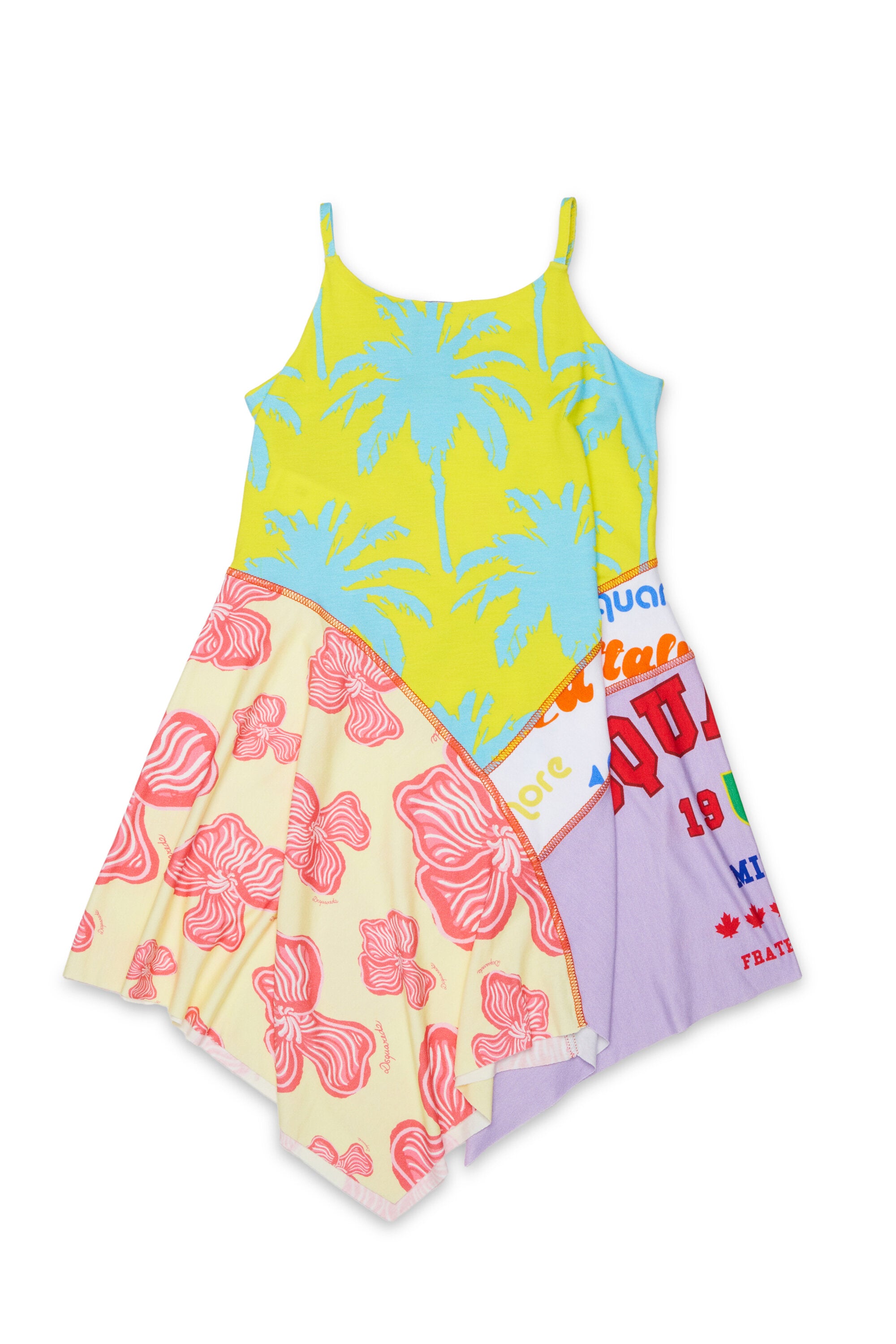 Vestido con estampado patchwork y logo