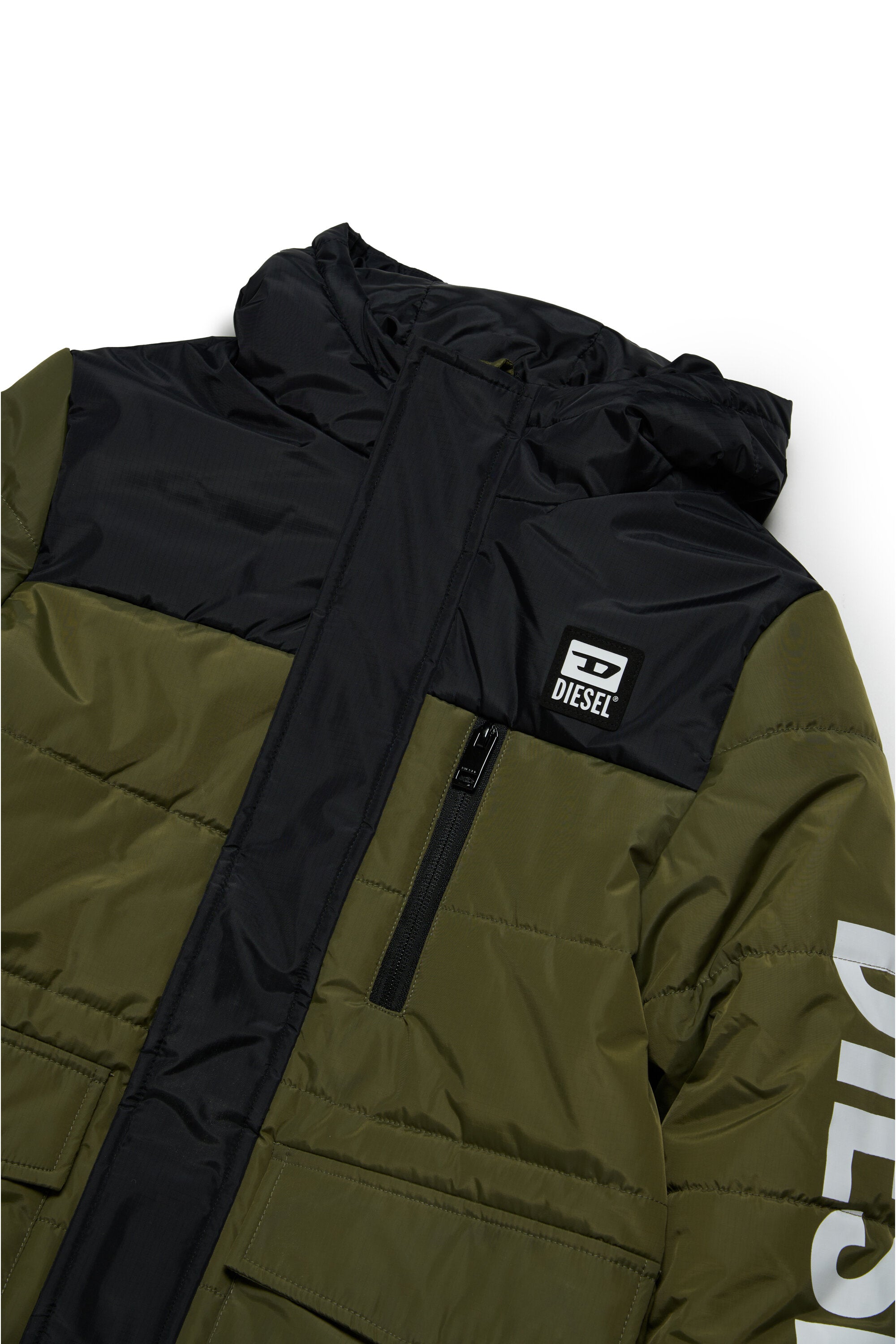 Two-tone padded jacket with hood and Diesel logo
