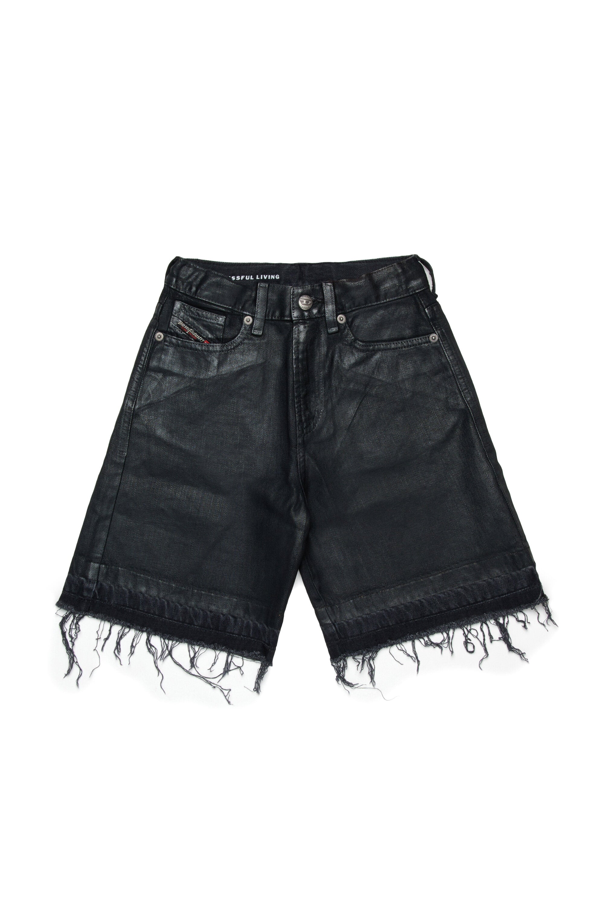 Shorts in denim nero con orlo a taglio vivo