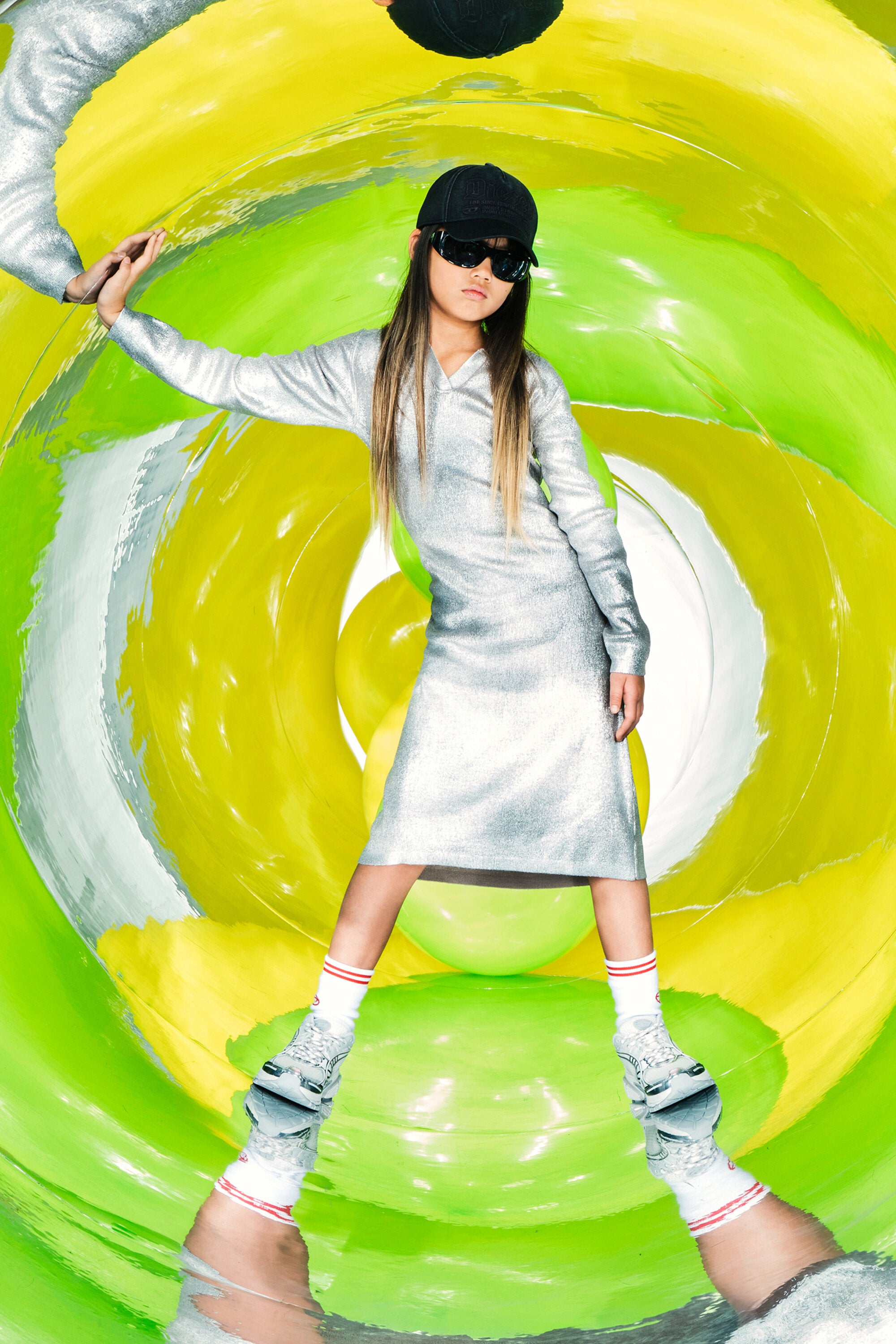 Wool-blend long dress with mylar print