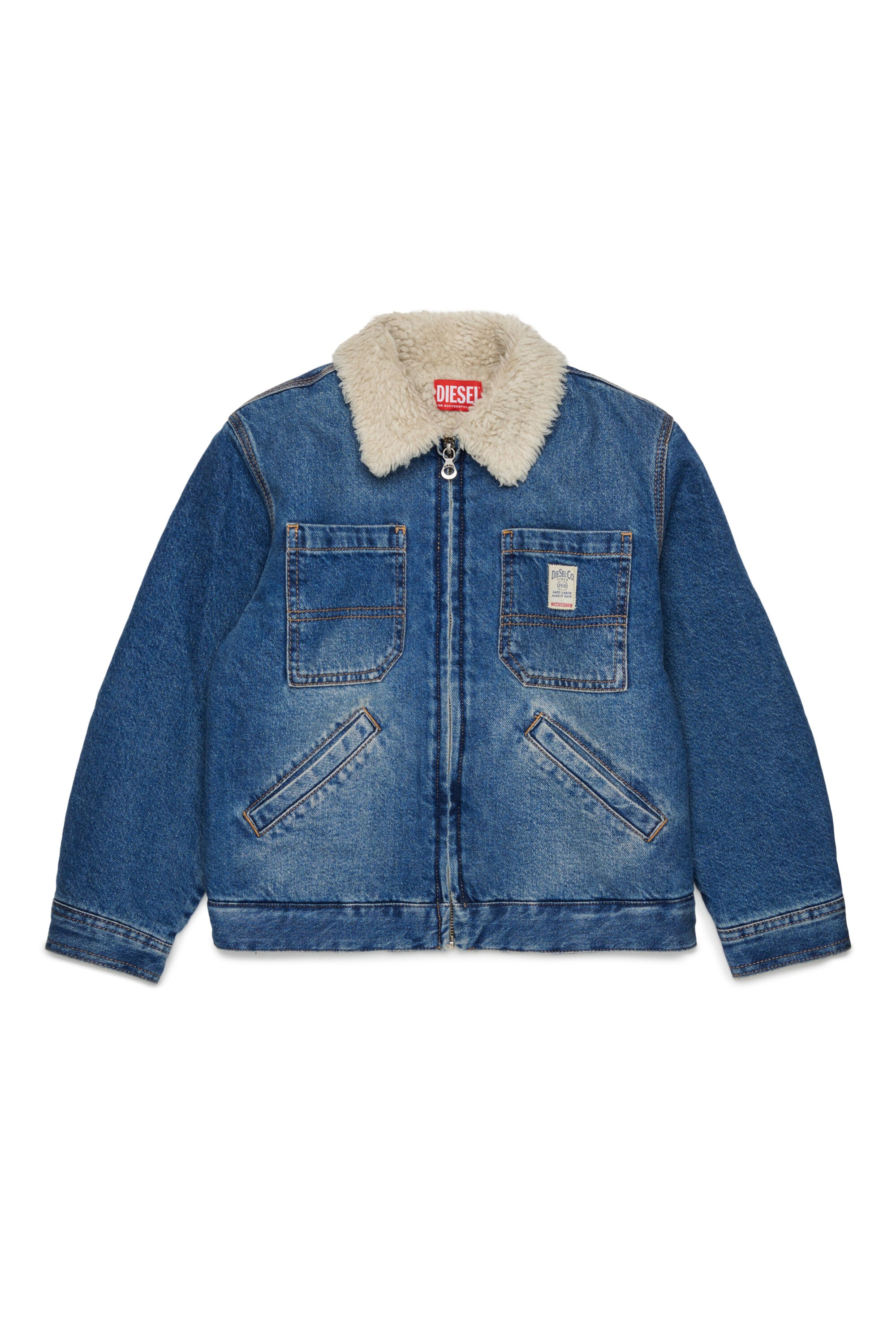 Shearling-Denimjacke mit aufgedrucktem Logo