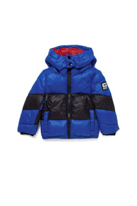Blue and black colour block nylon down jacket