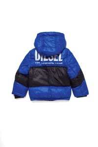 Blue and black colour block nylon down jacket