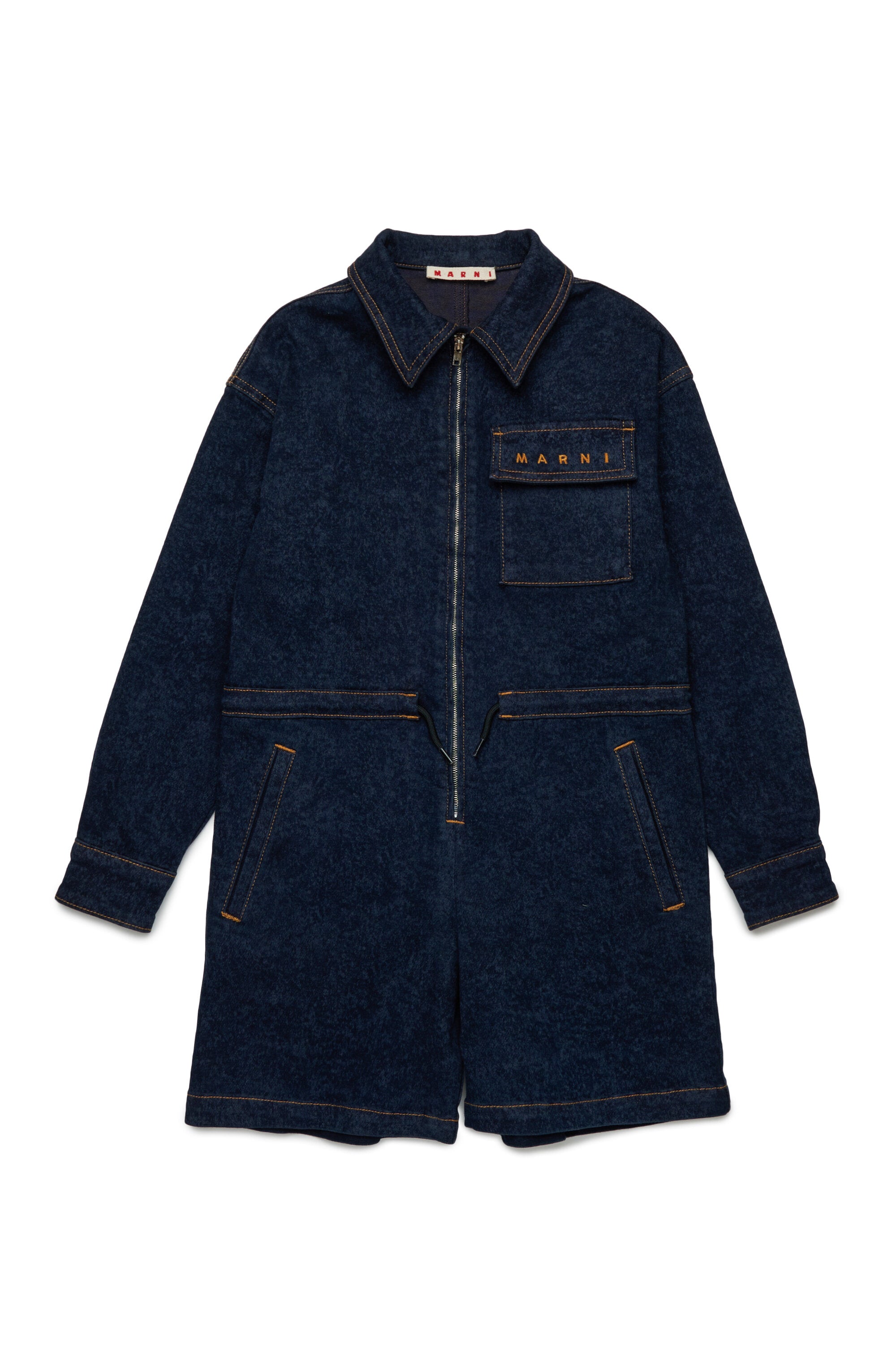 Jumpsuit aus marmoriertem Denim mit Kordelzug